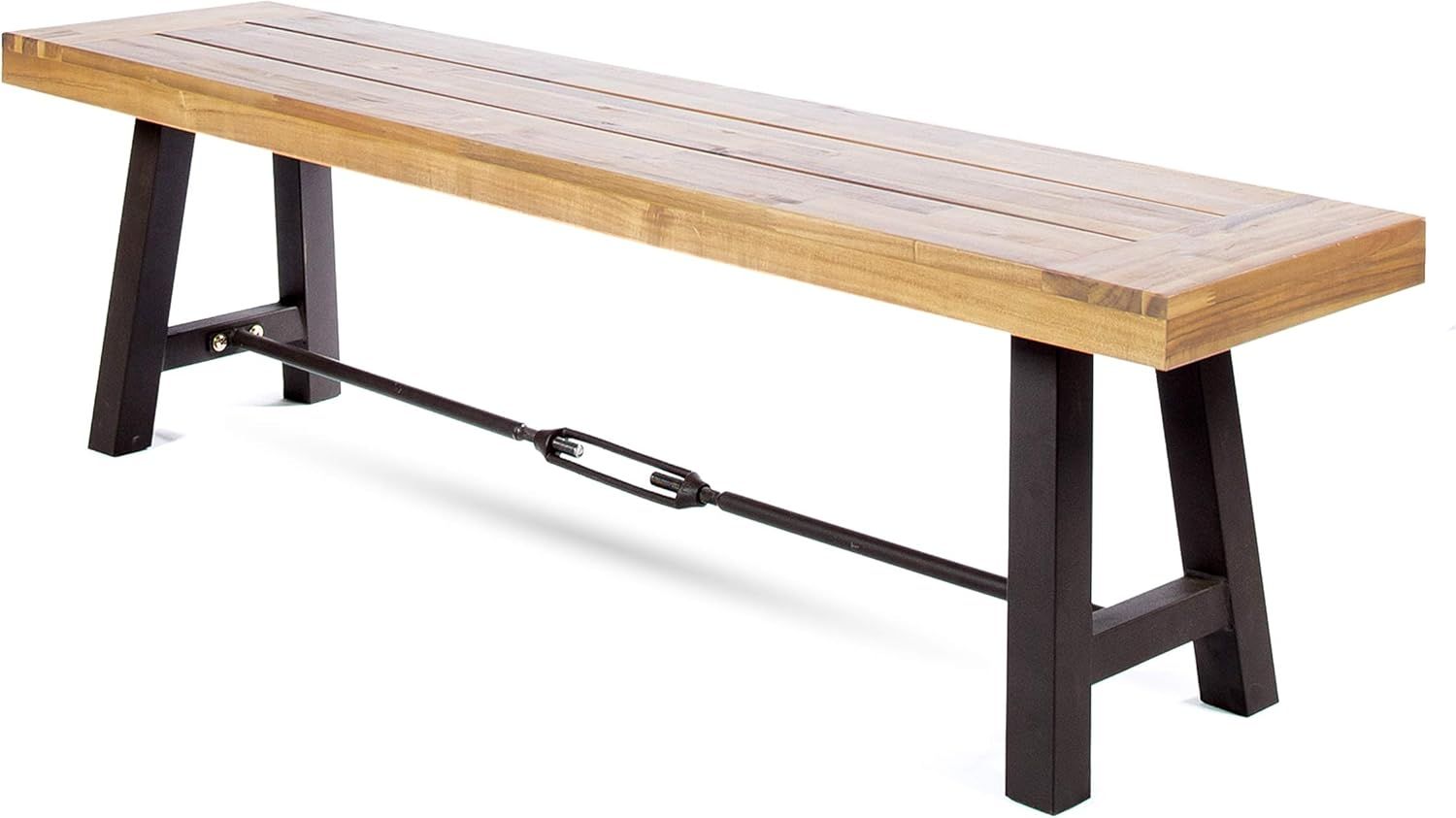 Teak Finish Acacia Wood Outdoor Bench with Rustic Metal Legs