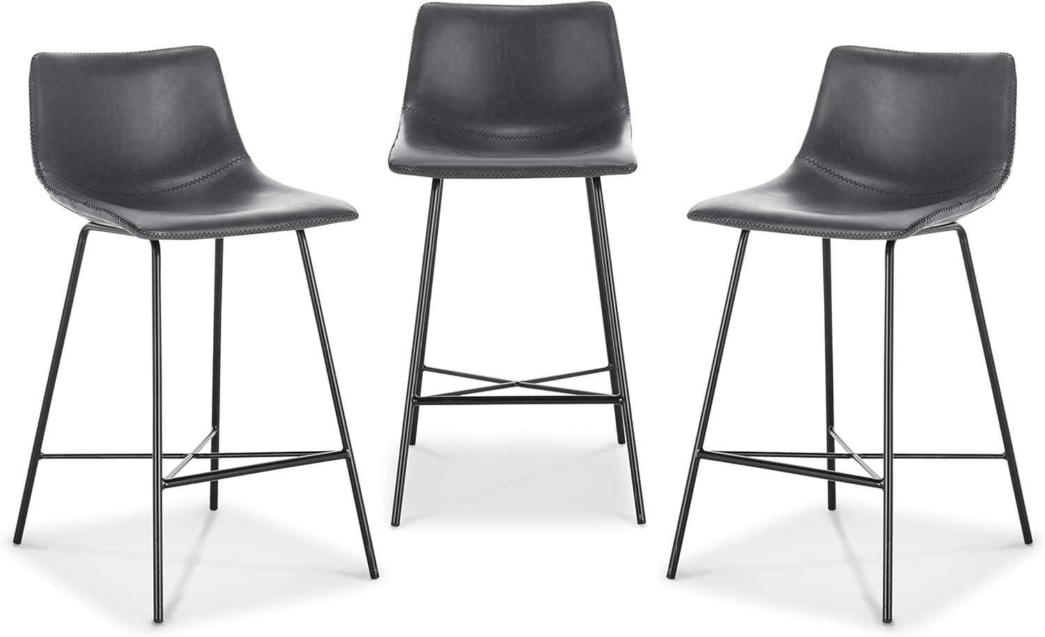 Gray Leather Saddle Style Counter Stools with Steel Base, Set of 3