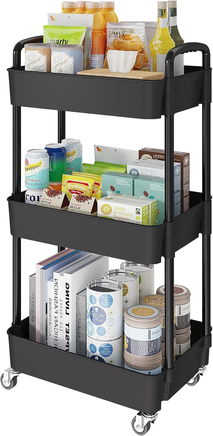 Black 3-Tier Rolling Kitchen Storage Cart with Lockable Wheels