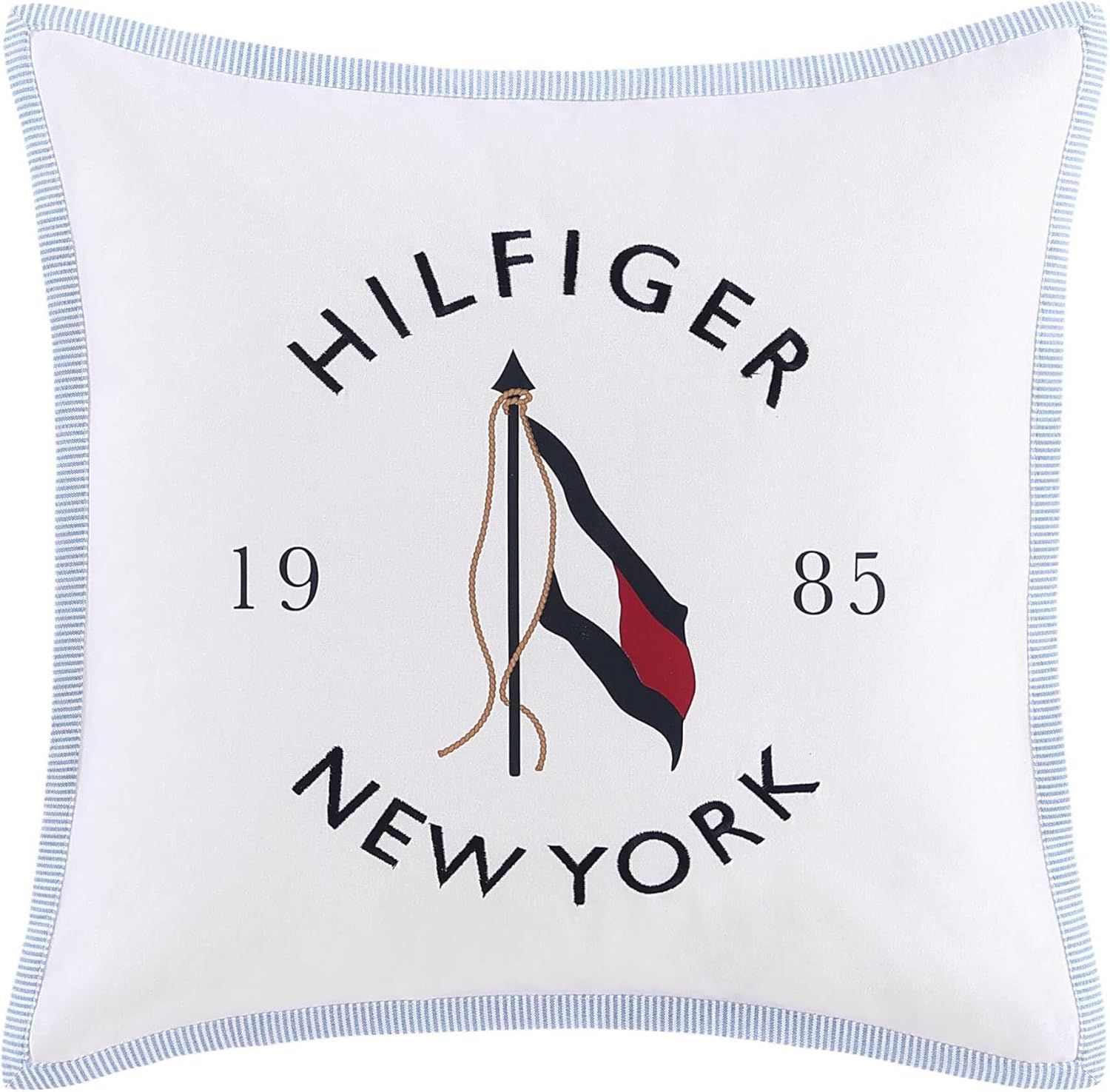 Ivory and Navy Cotton Square Throw Pillow with Flag Motif