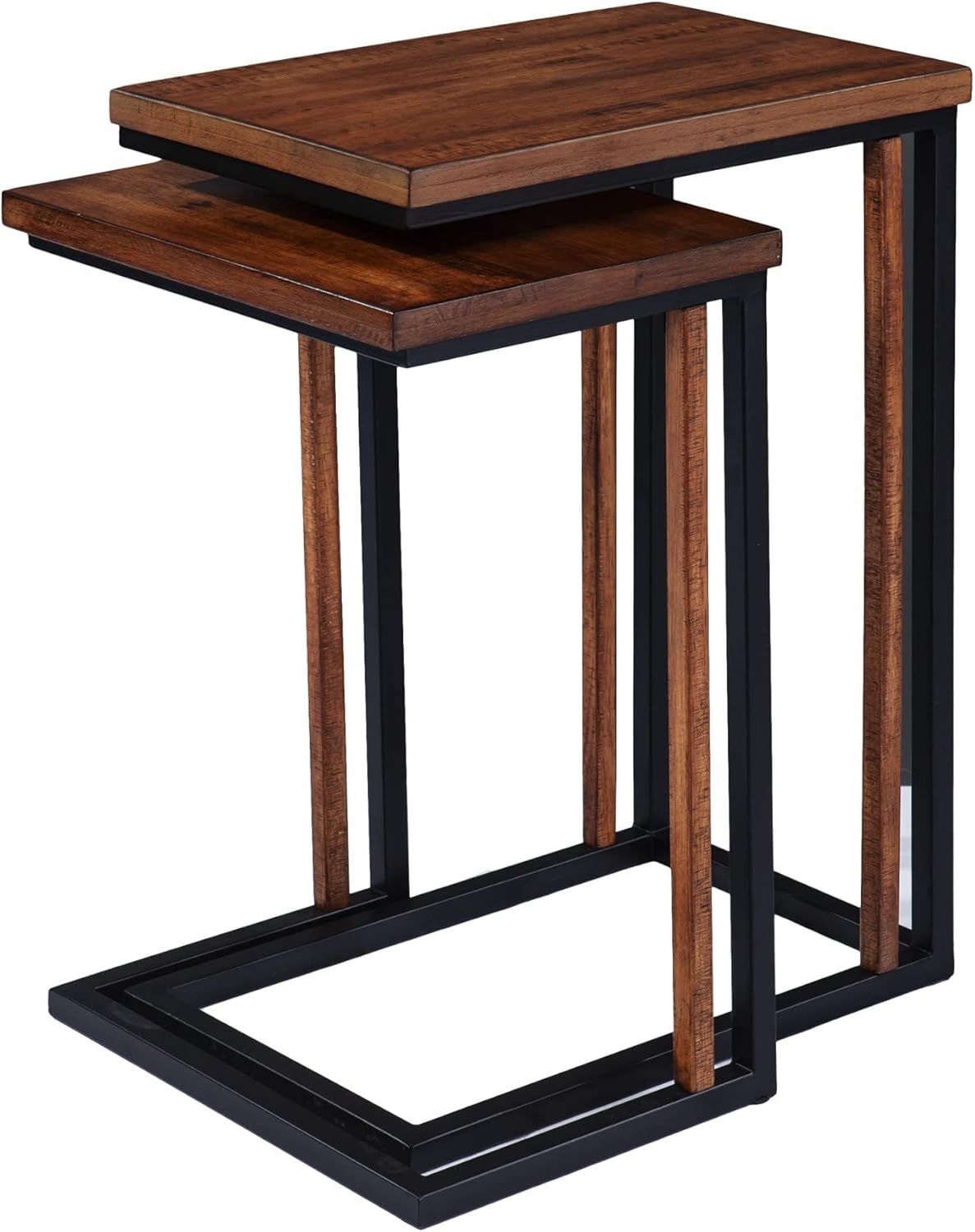 Set of Two 25" Brown Wood and Black Metal Nested End Tables