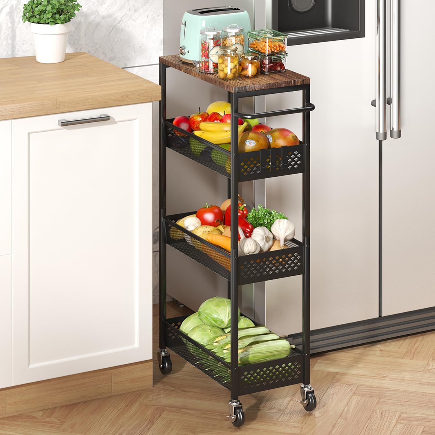 Slim Black Metal and Wood 4-Tier Rolling Kitchen Cart