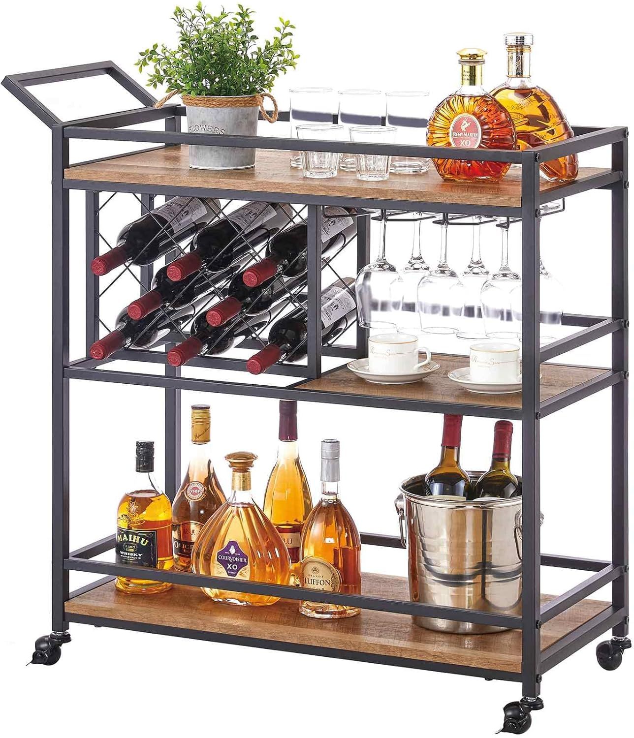 Rustic Oak 3-Tier Rolling Bar Cart with Wine Rack and Glass Holder