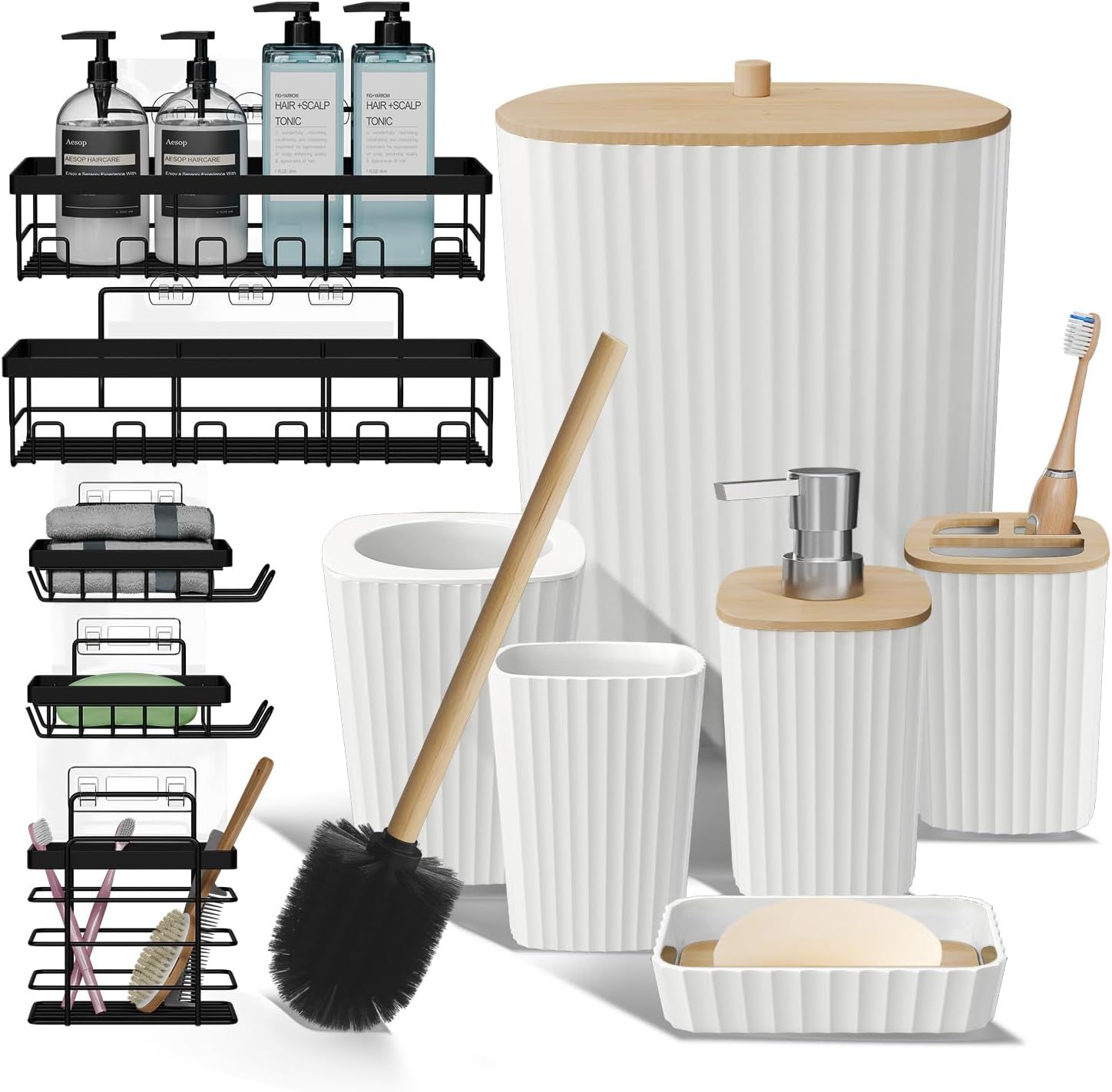 White and Bamboo 6-Piece Bathroom Accessory Set with Shower Caddy