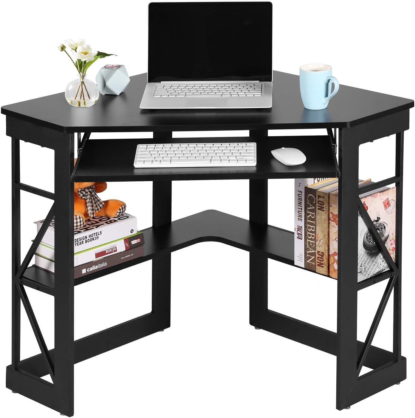 Black Triangular Corner Computer Desk with Keyboard Tray