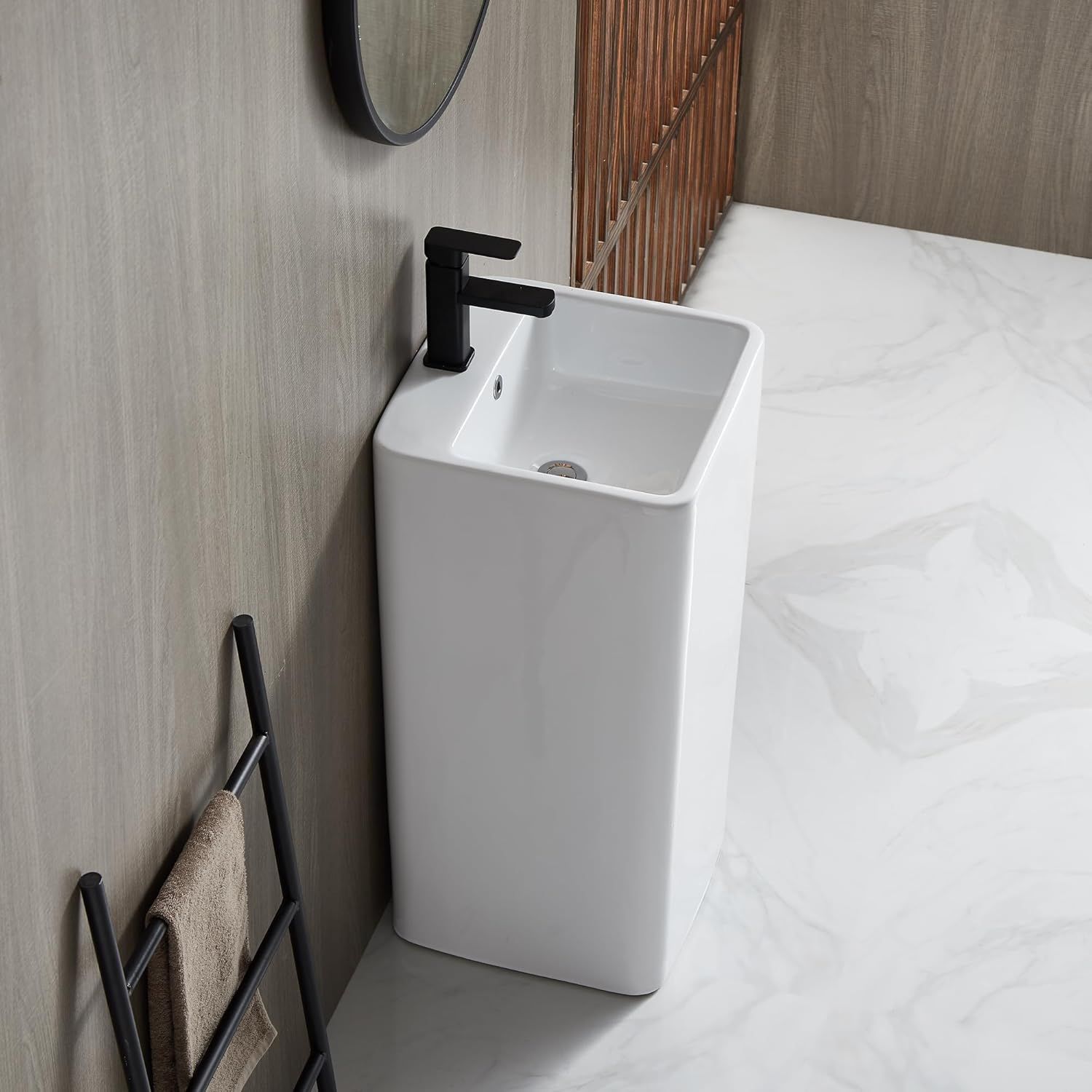 Glossy White Ceramic Square Pedestal Bathroom Sink