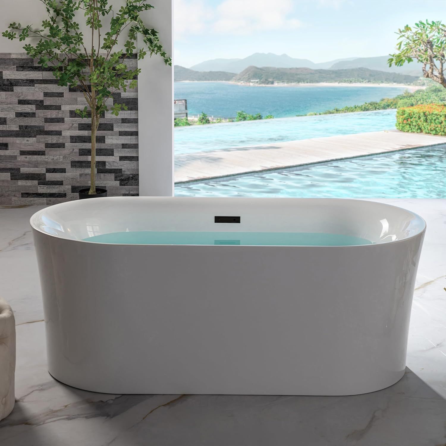 59" White Acrylic Freestanding Oval Bathtub with Matte Black Overflow