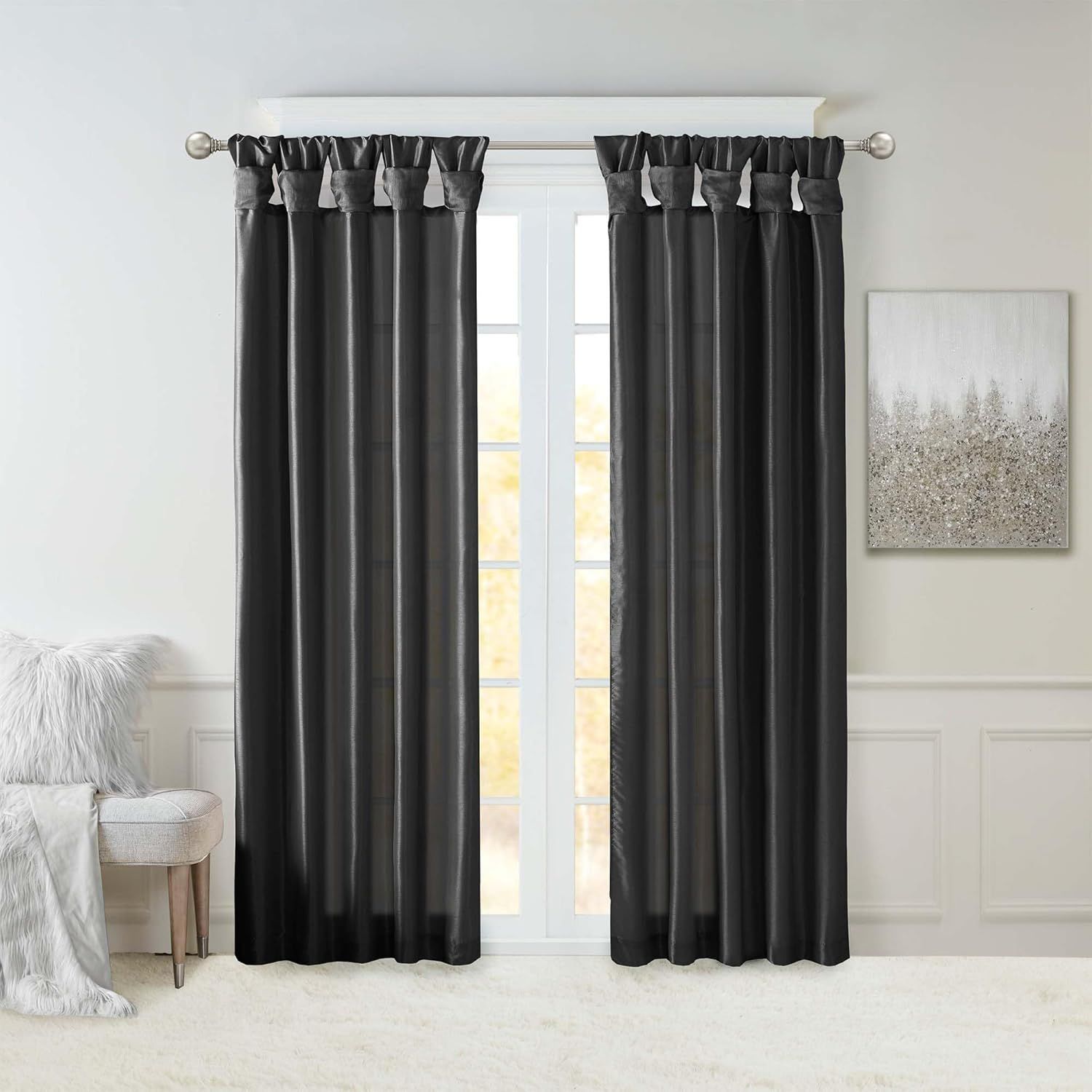 Black Faux Silk Room-Darkening Tab Top Curtain Panel