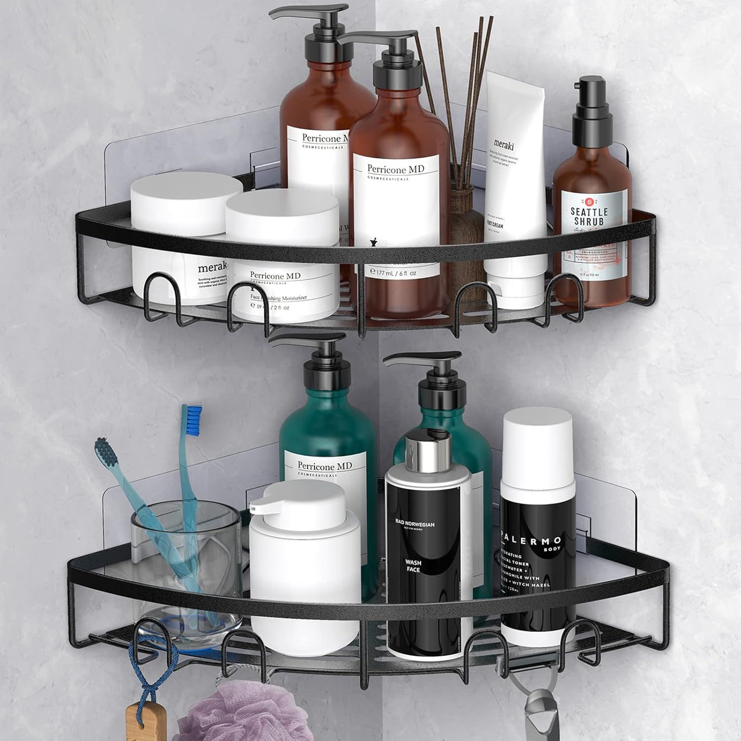 Black Iron Adhesive Mount Corner Shower Caddy Set