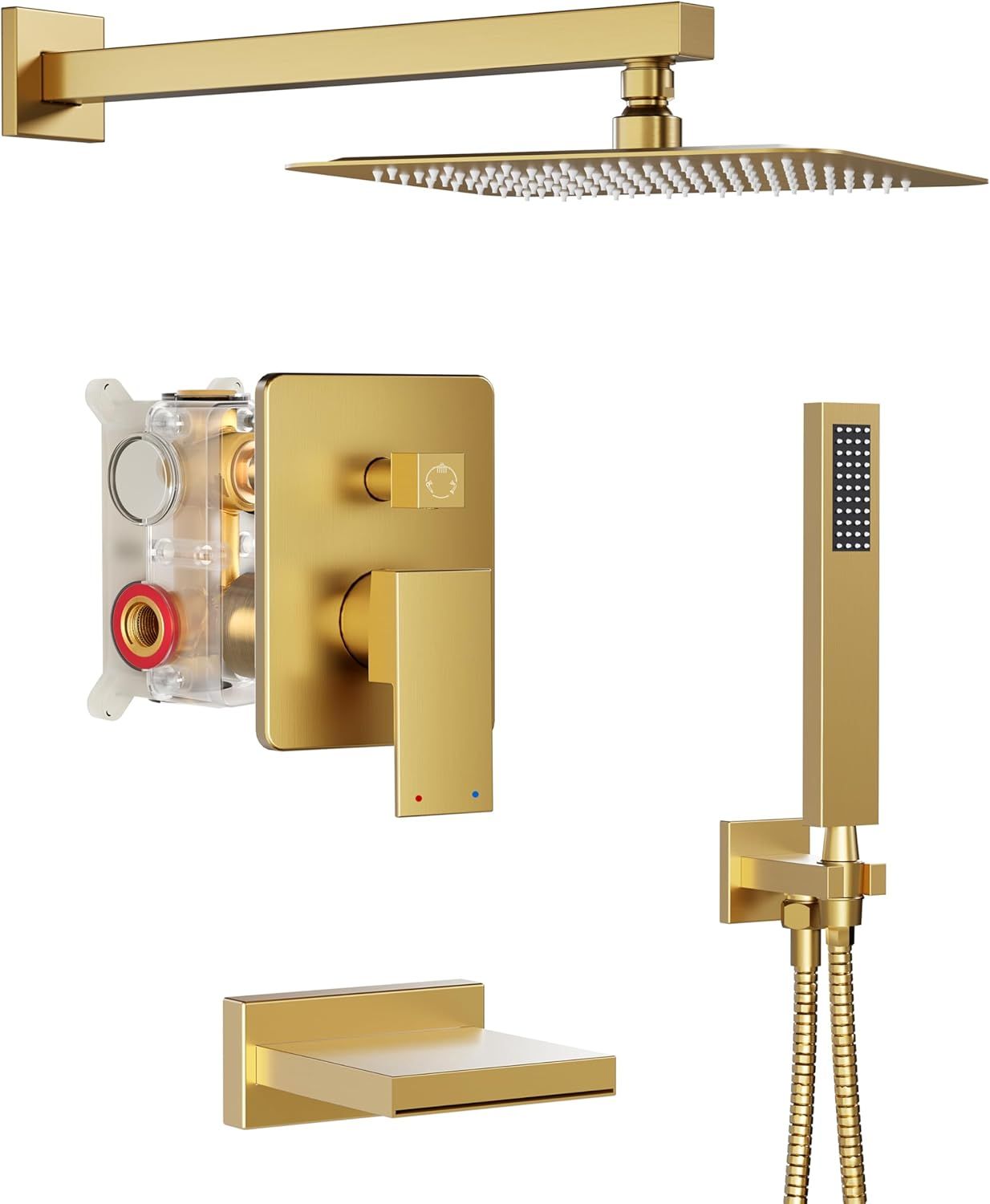 Brushed Gold Wall Mounted Rain Shower System with Handheld