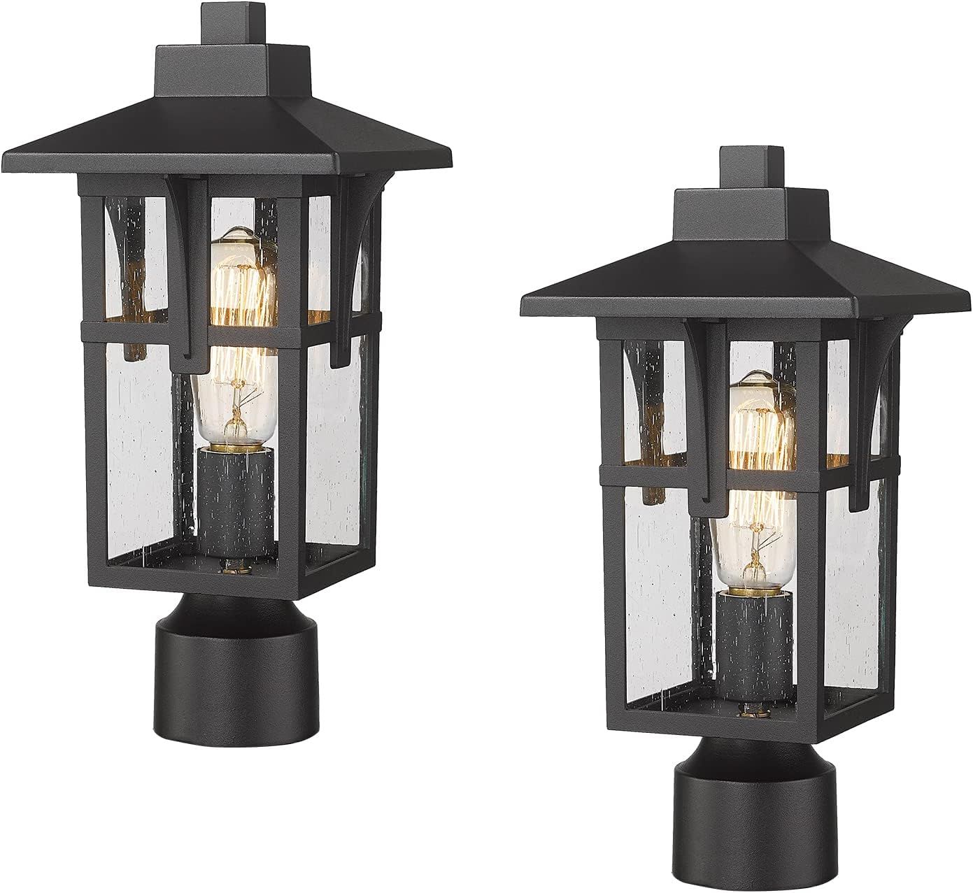 Matte Black Seeded Glass Outdoor Post Light Set