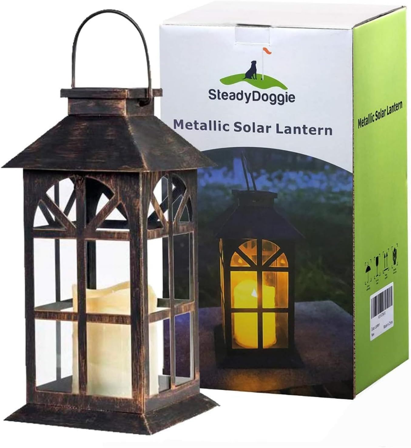 Bronze Antique Solar-Powered LED Lantern with Glass Panels