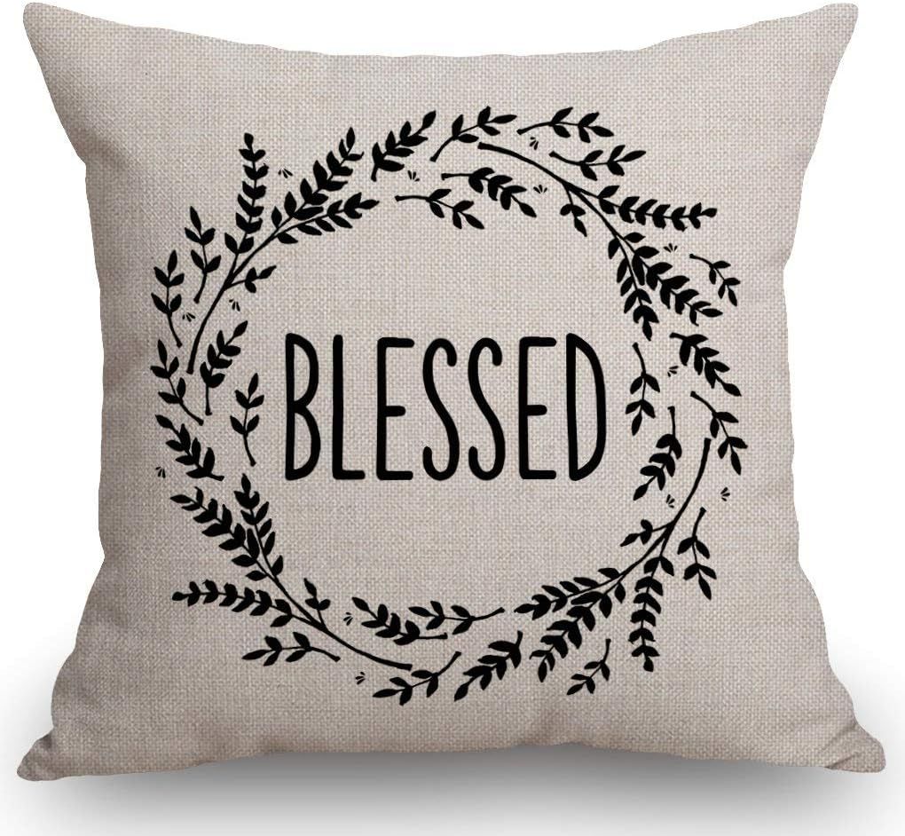 Blessed Beige and Black Cotton Linen Farmhouse Pillow 18x18 inches