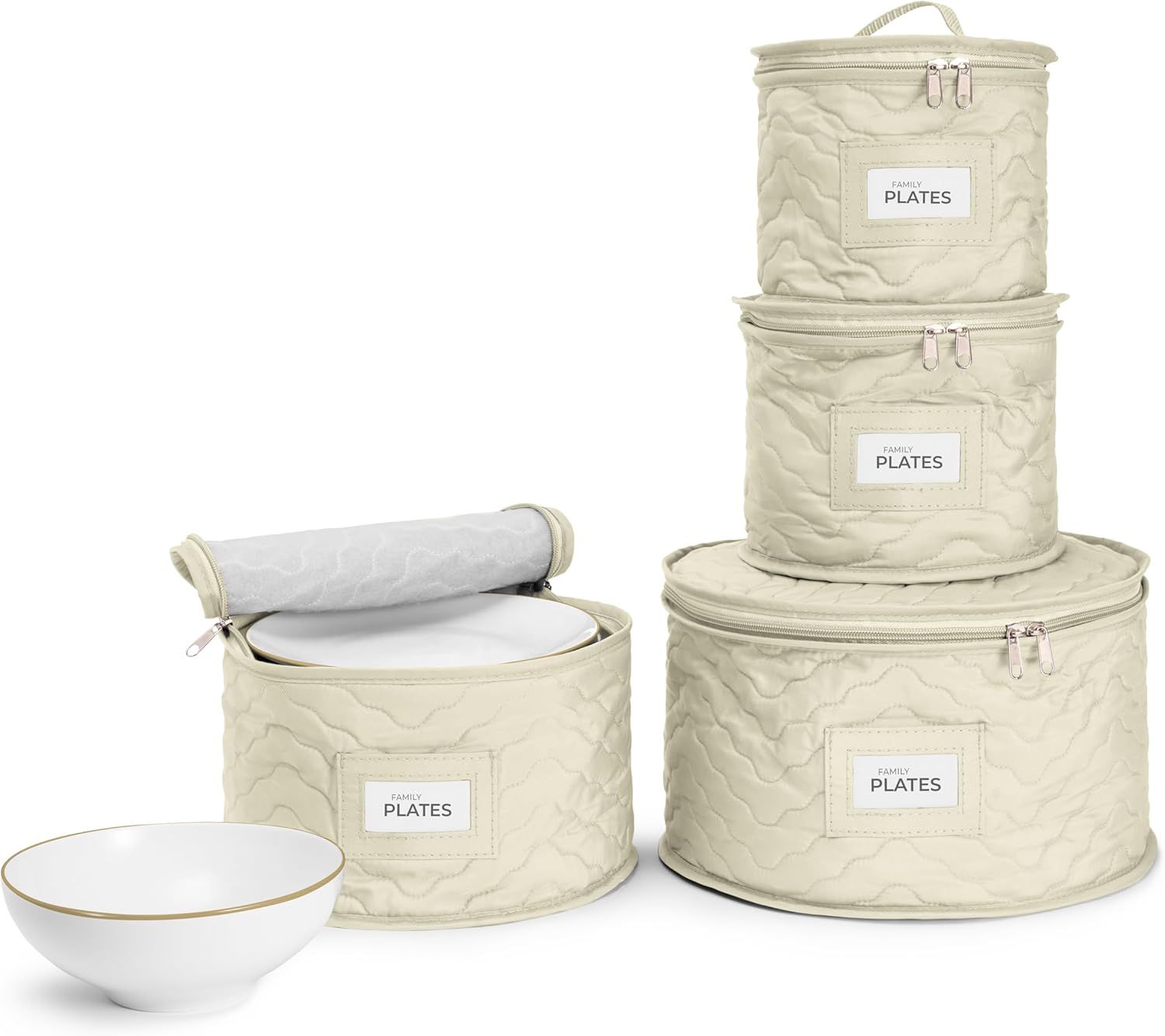 Beige Quilted Fabric Stackable Lidded Plate Storage Set