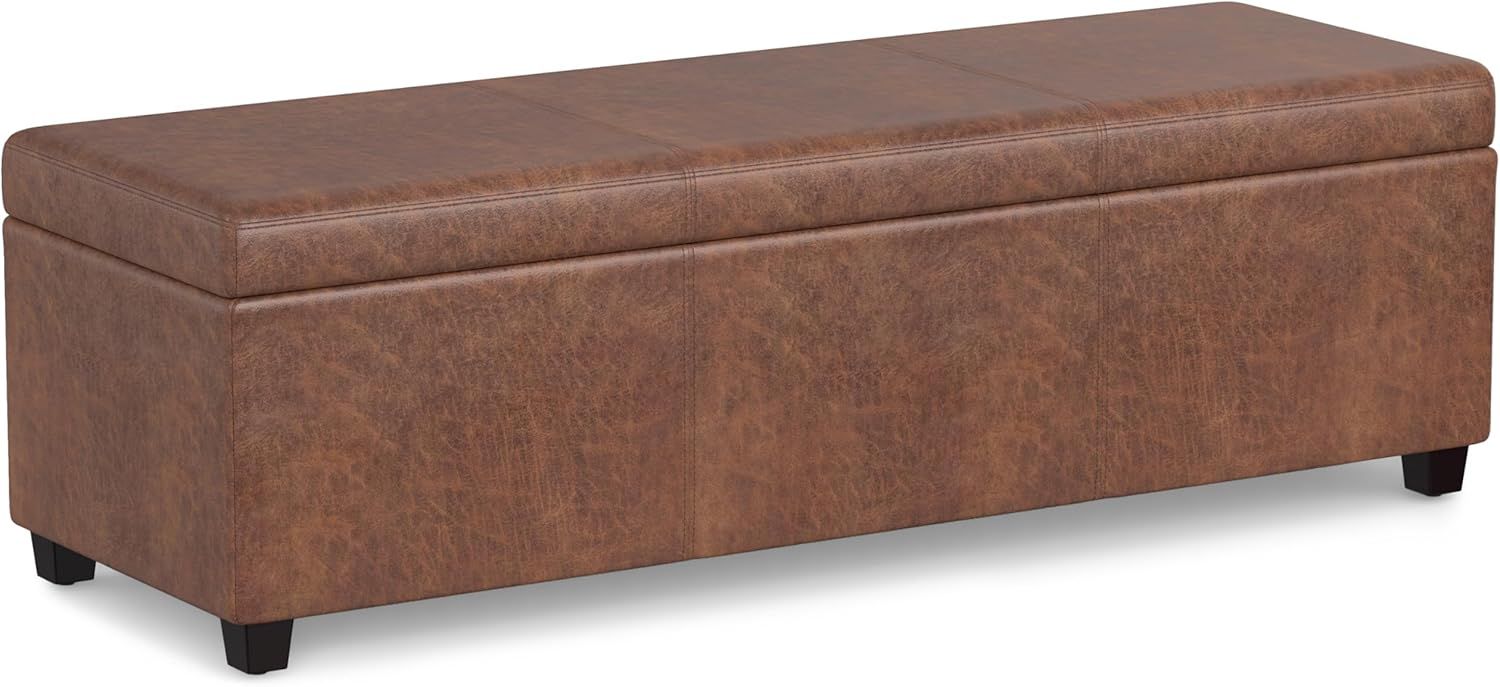 Distressed Saddle Brown Faux Leather Storage Ottoman Bench