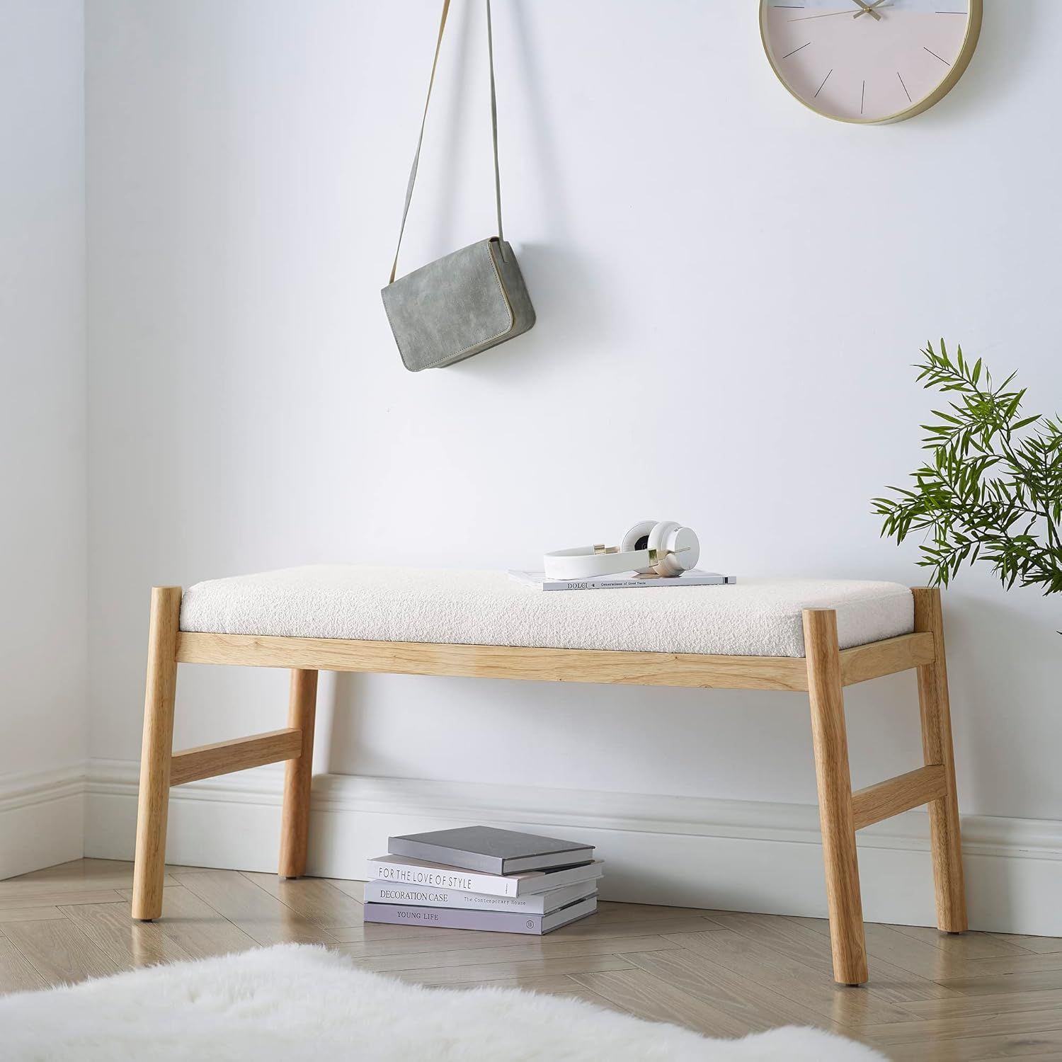 Beige Linen Upholstered Bench with Rubber Wood Frame