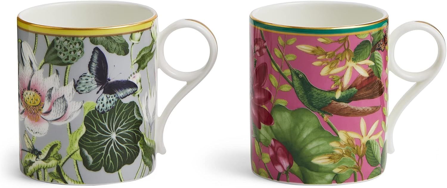 Pink and Green Ceramic Floral Animal Print Mug Set