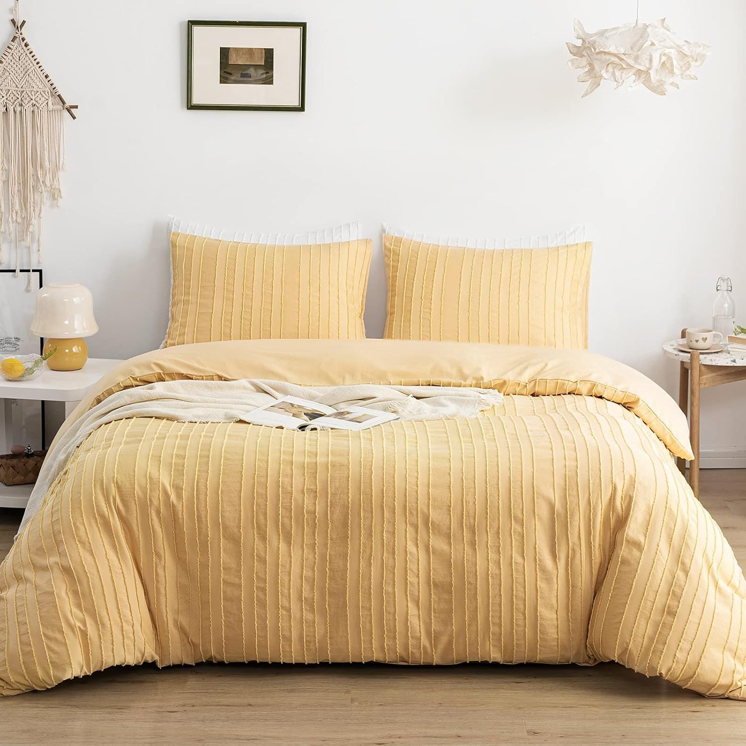 Yellow Boho Tufted Microfiber Queen Duvet Cover Set