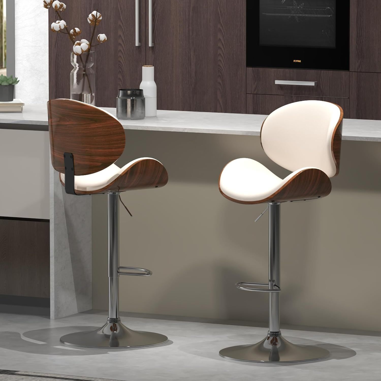 Adjustable White Faux Leather and Bentwood Swivel Bar Stools
