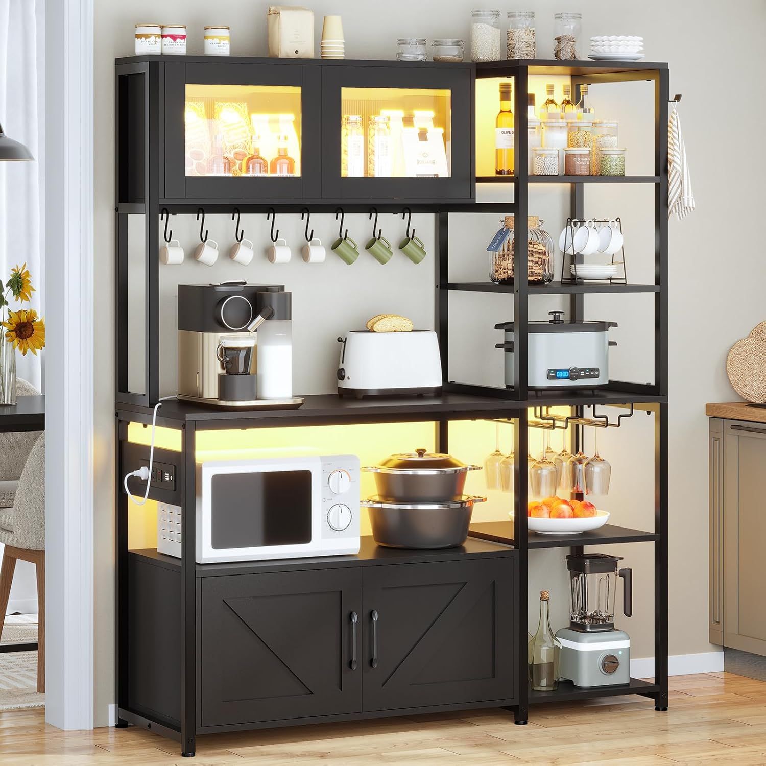 Grey Driftwood Farmhouse Kitchen Bakers Rack with LED Light