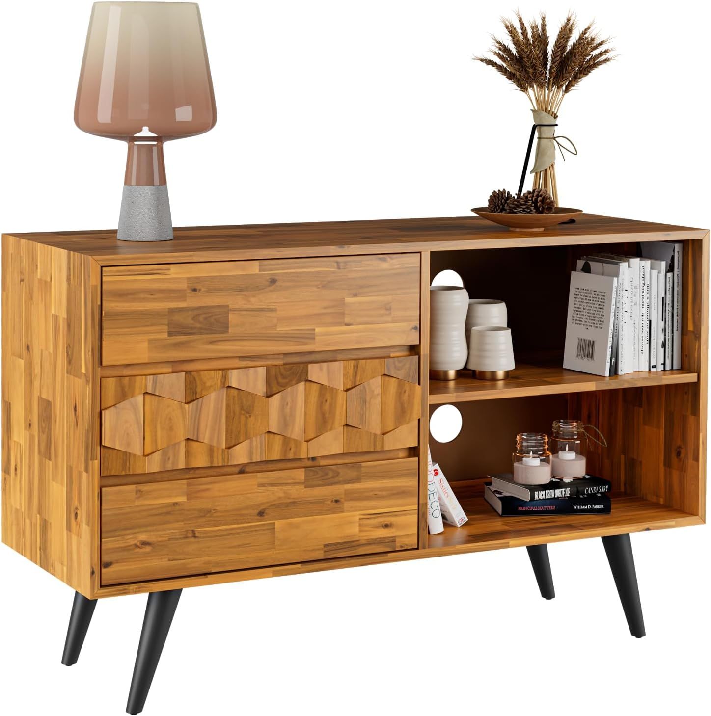 Teak Brown Acacia Wood TV Stand with Geometric Pattern