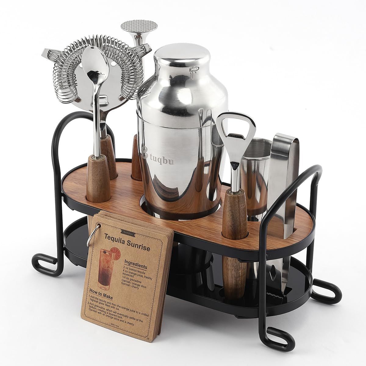 Stainless Steel Mixology Bartender Kit with Wooden Stand