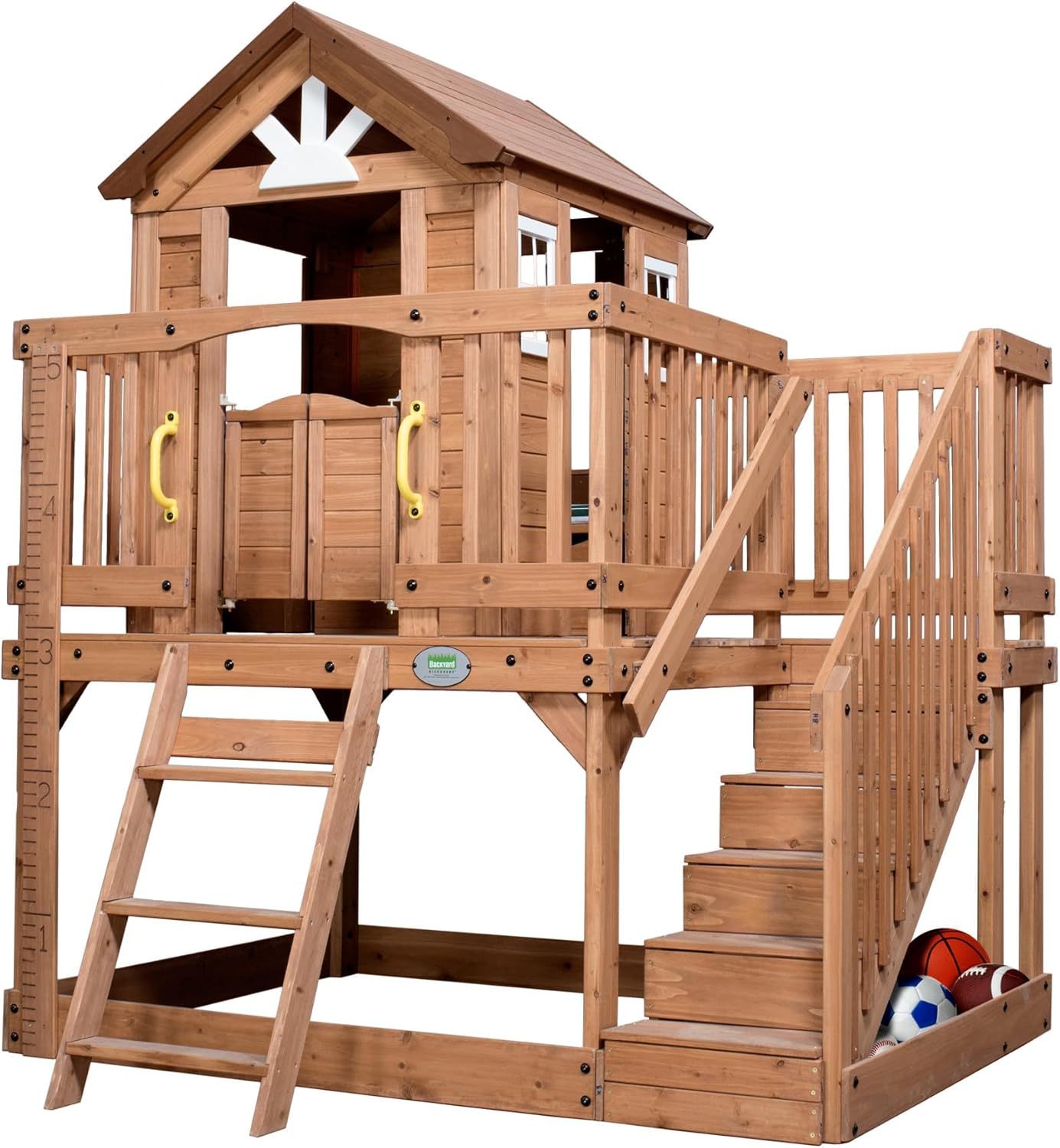 Scenic Heights Cedar Wooden Playhouse with Upper Deck and Stairs