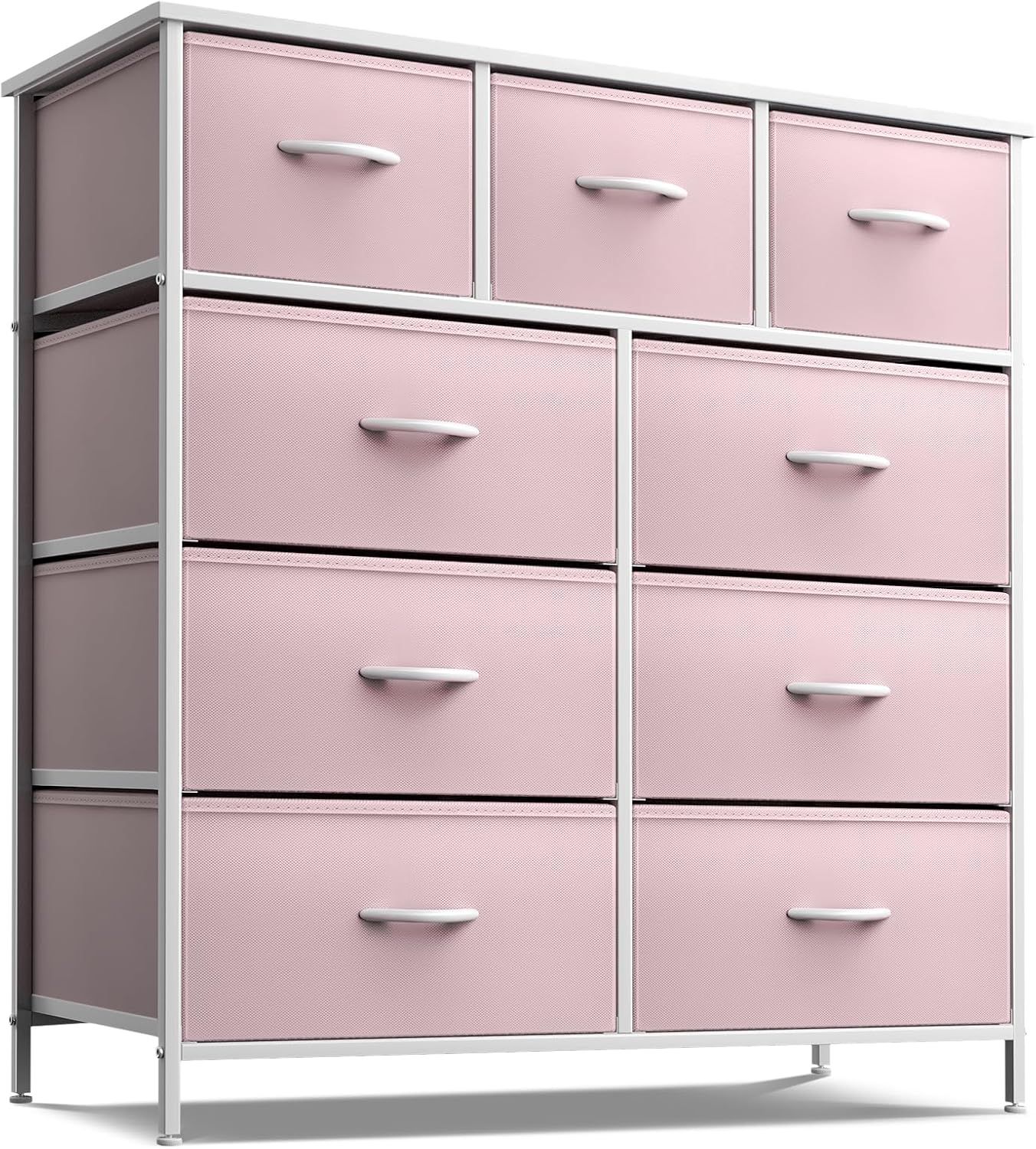 Pink 9-Drawer Fabric Storage Dresser with Steel Frame