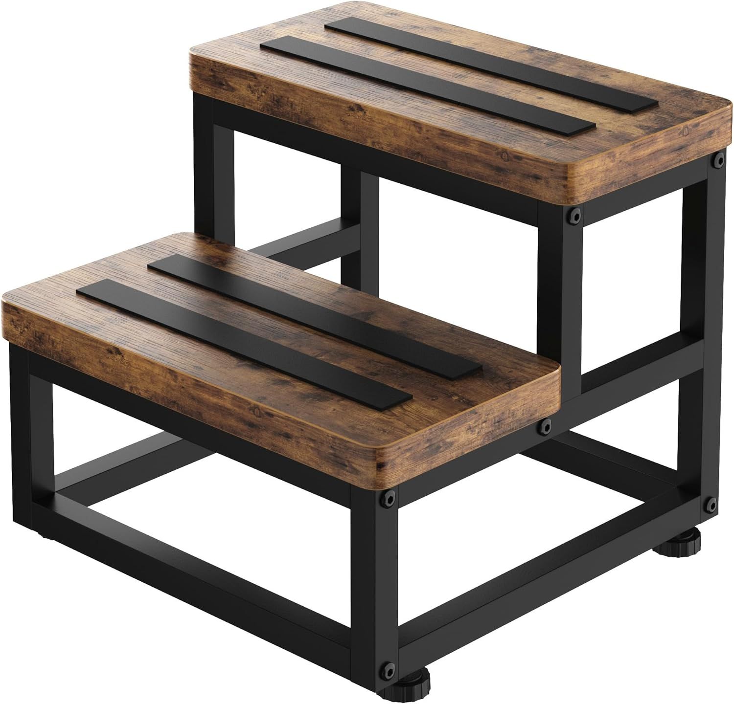 Rustic Brown Wooden and Metal 2-Step Stool