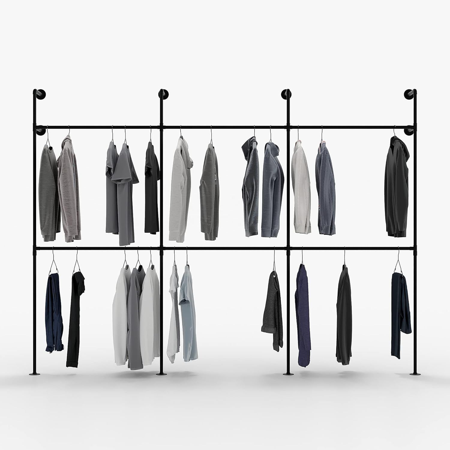 Kim III Double Black Industrial Pipe Wall Mounted Clothing Rack