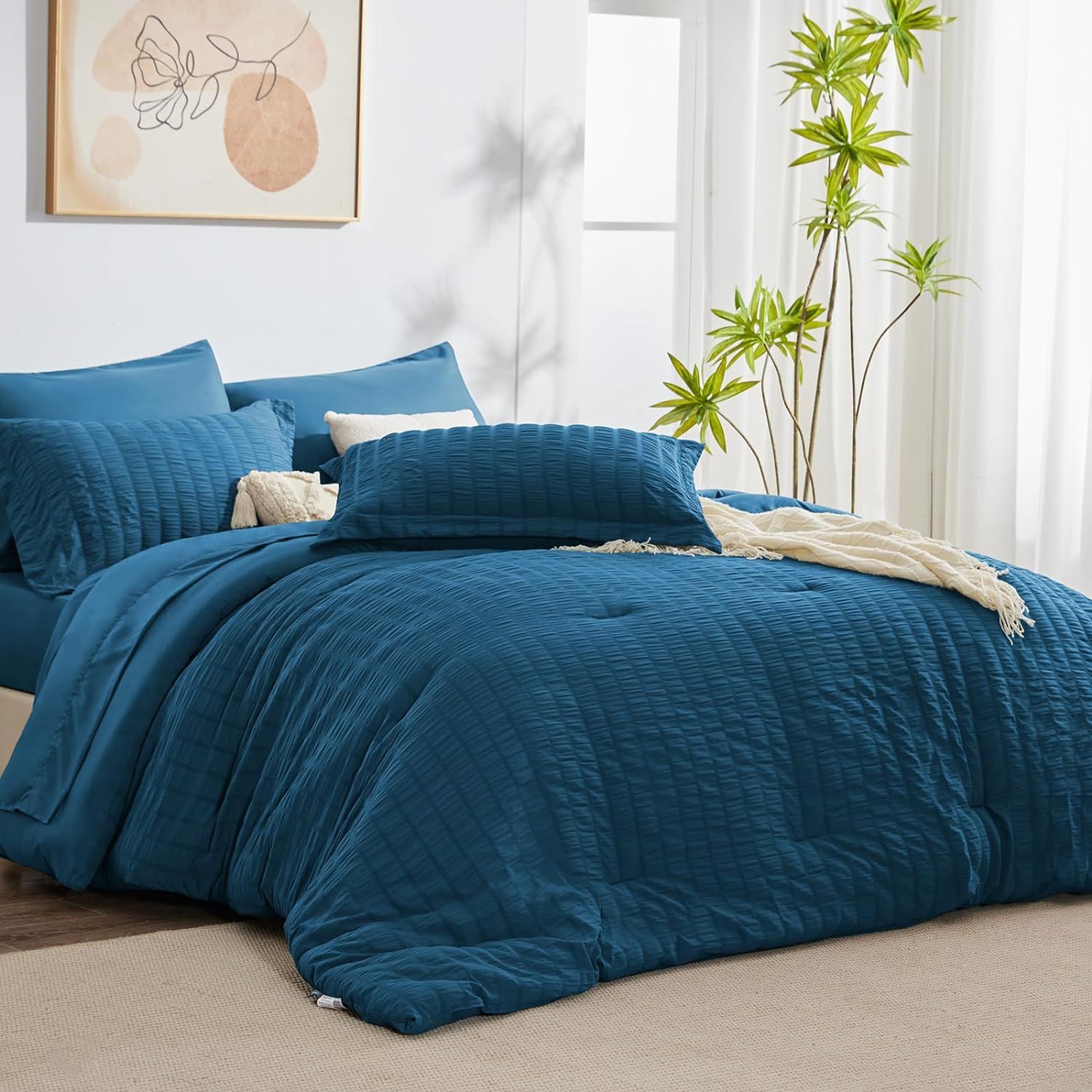 Teal King Microfiber Seersucker 7-Piece Bed in a Bag Set