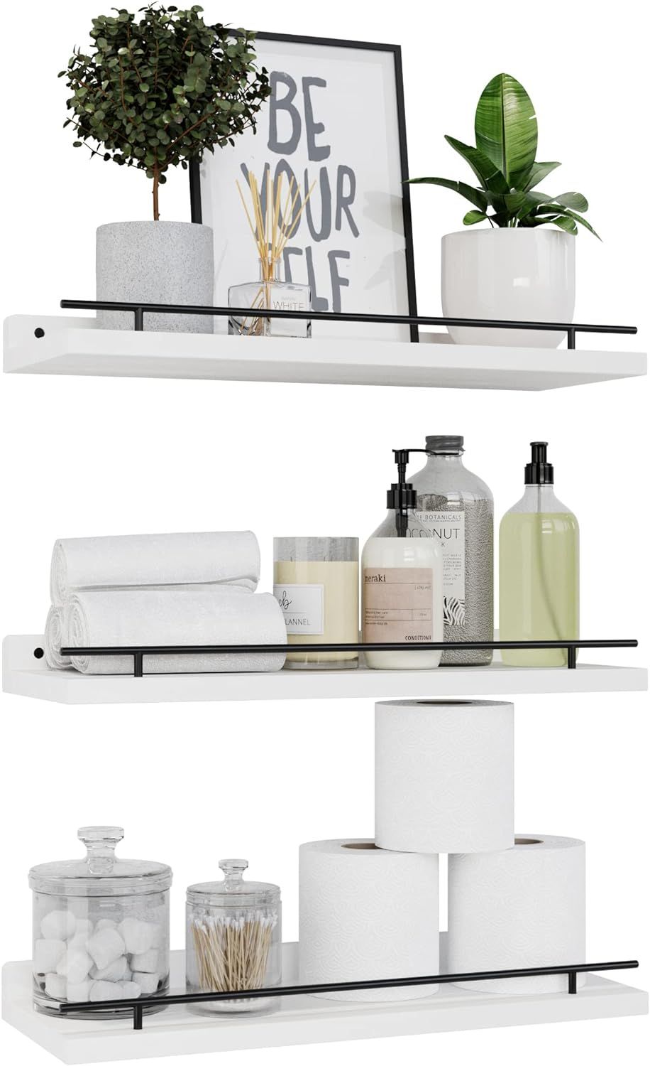 White Wood Floating Shelves with Black Metal Guardrail, Set of 3