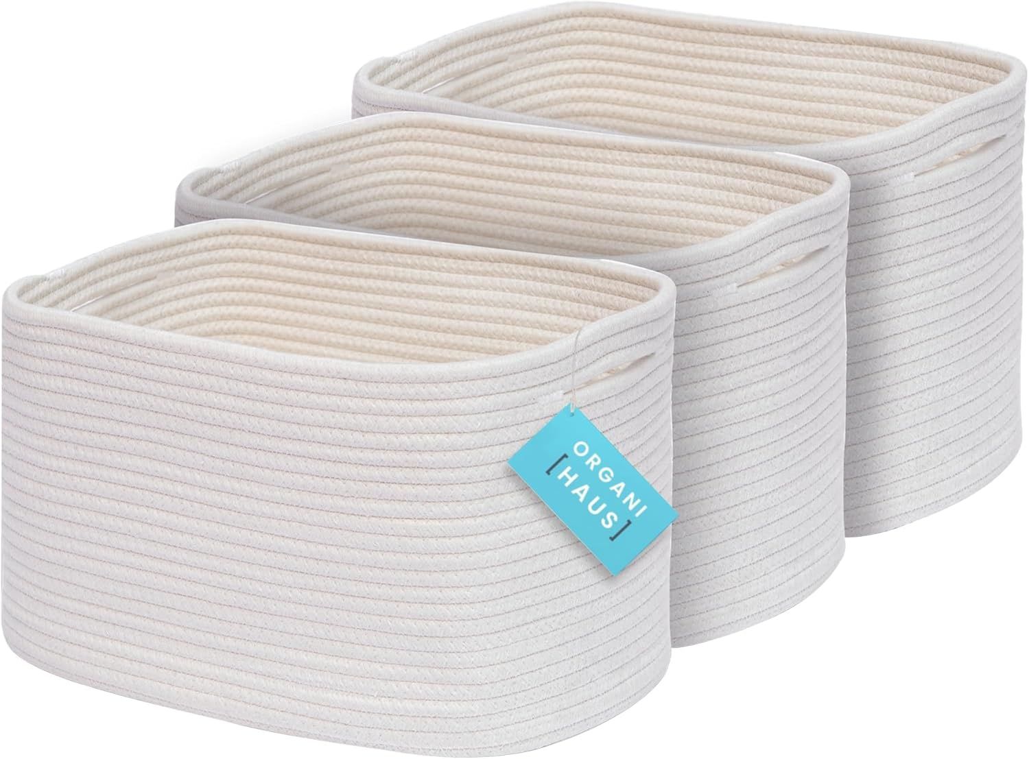 Set of 3 White Cotton Rope Storage Baskets