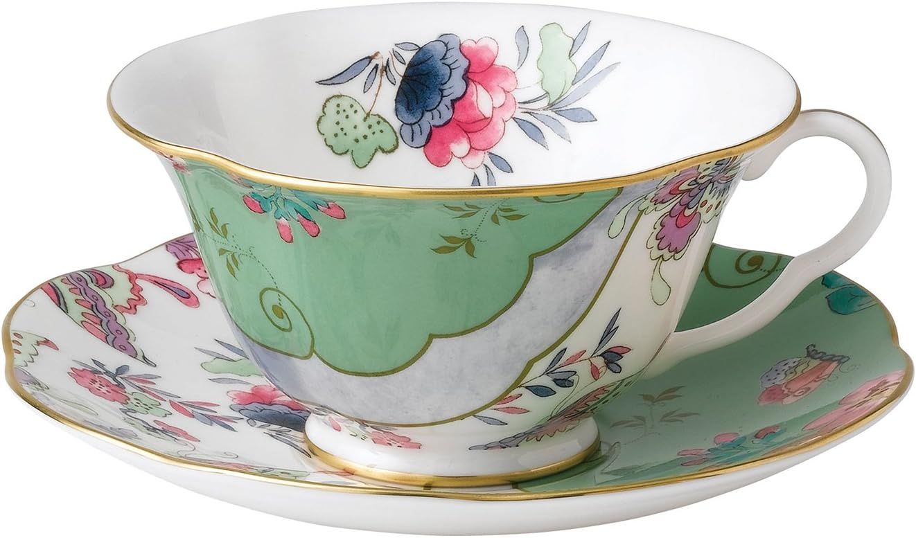 Butterfly Bloom Green Ceramic Teacup and Saucer Set