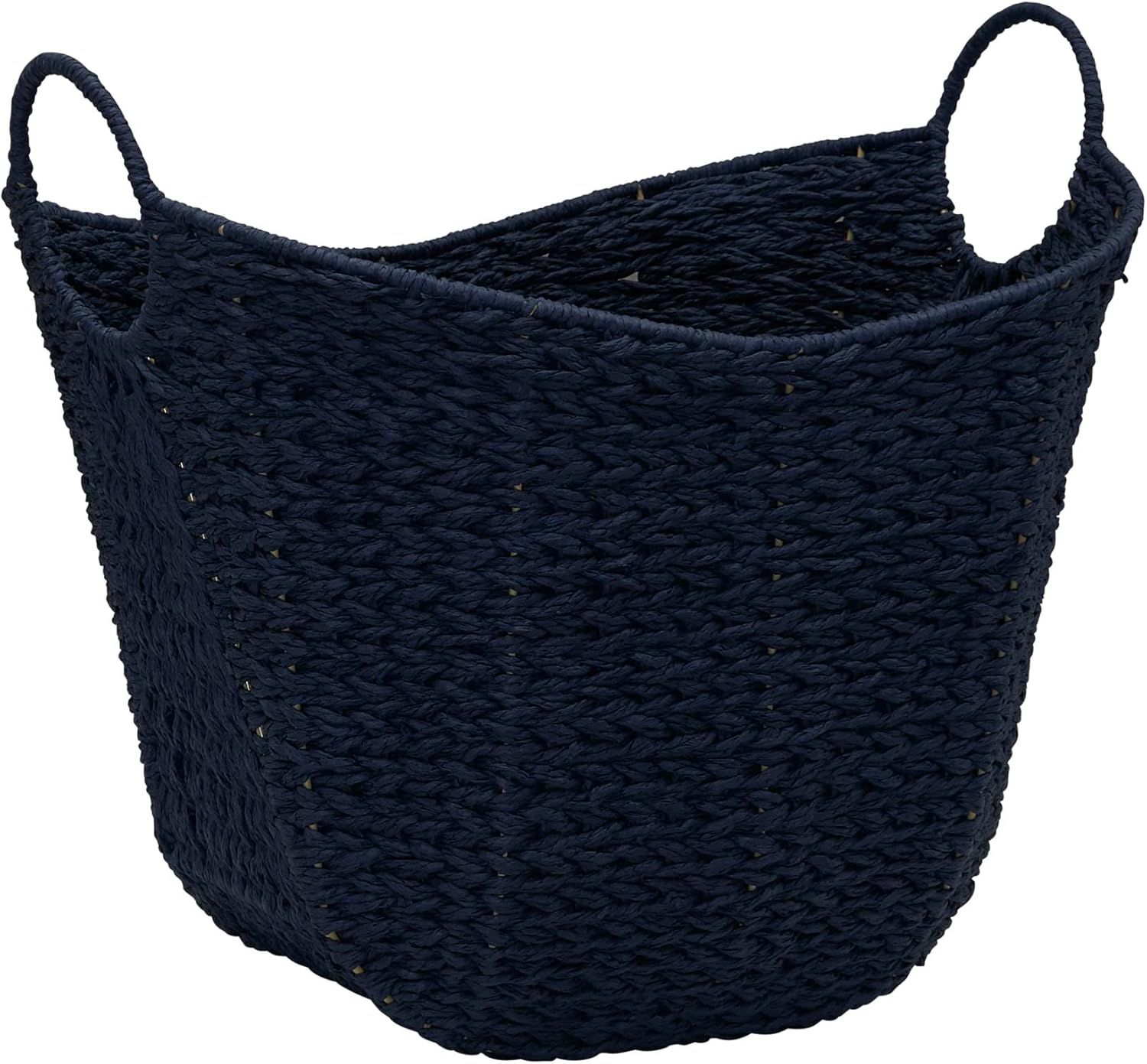 Dark Blue Handwoven Paper Rope Storage Basket with Handles