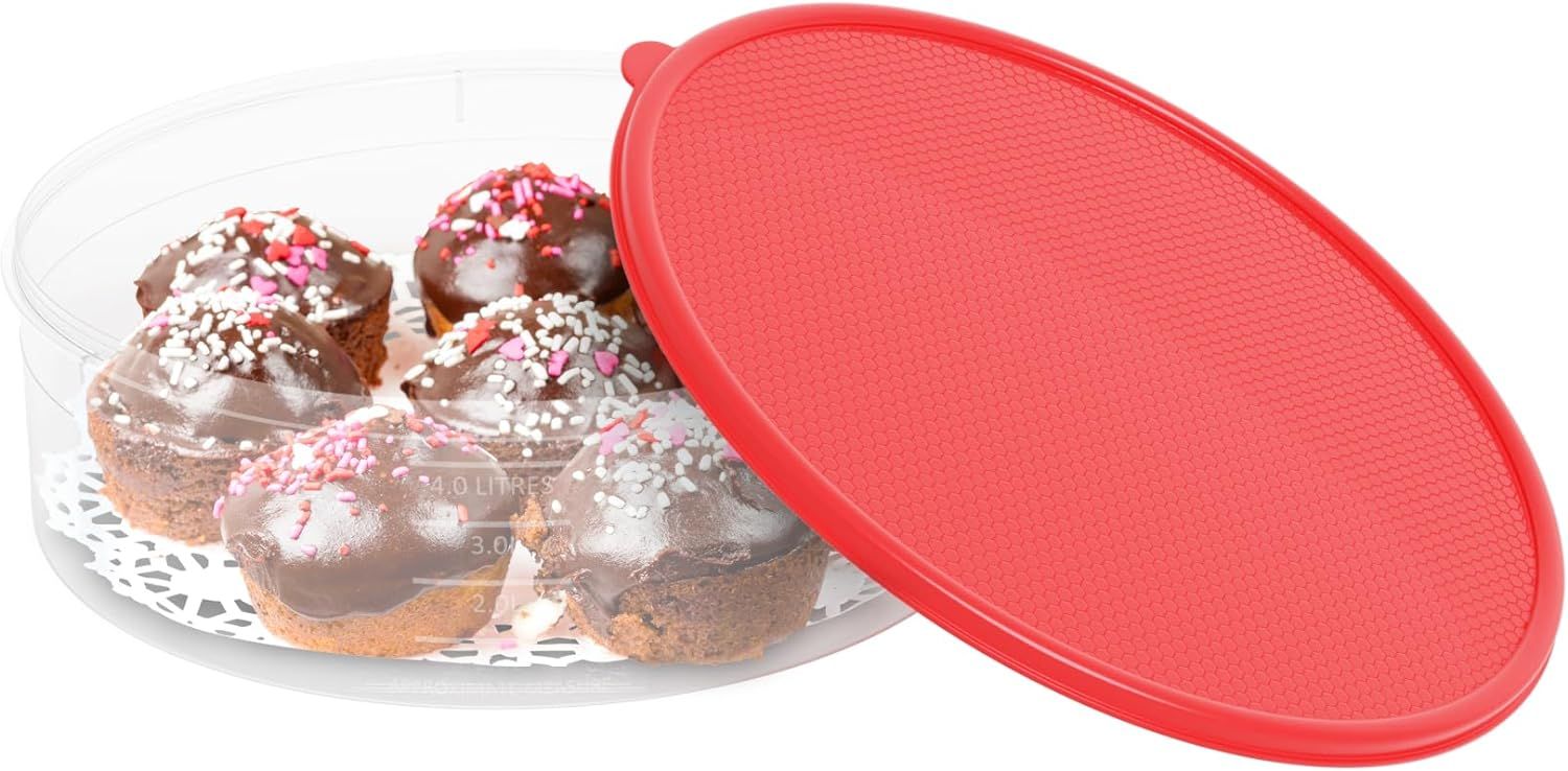 Clear Round Plastic Pie Carrier with Red Lid