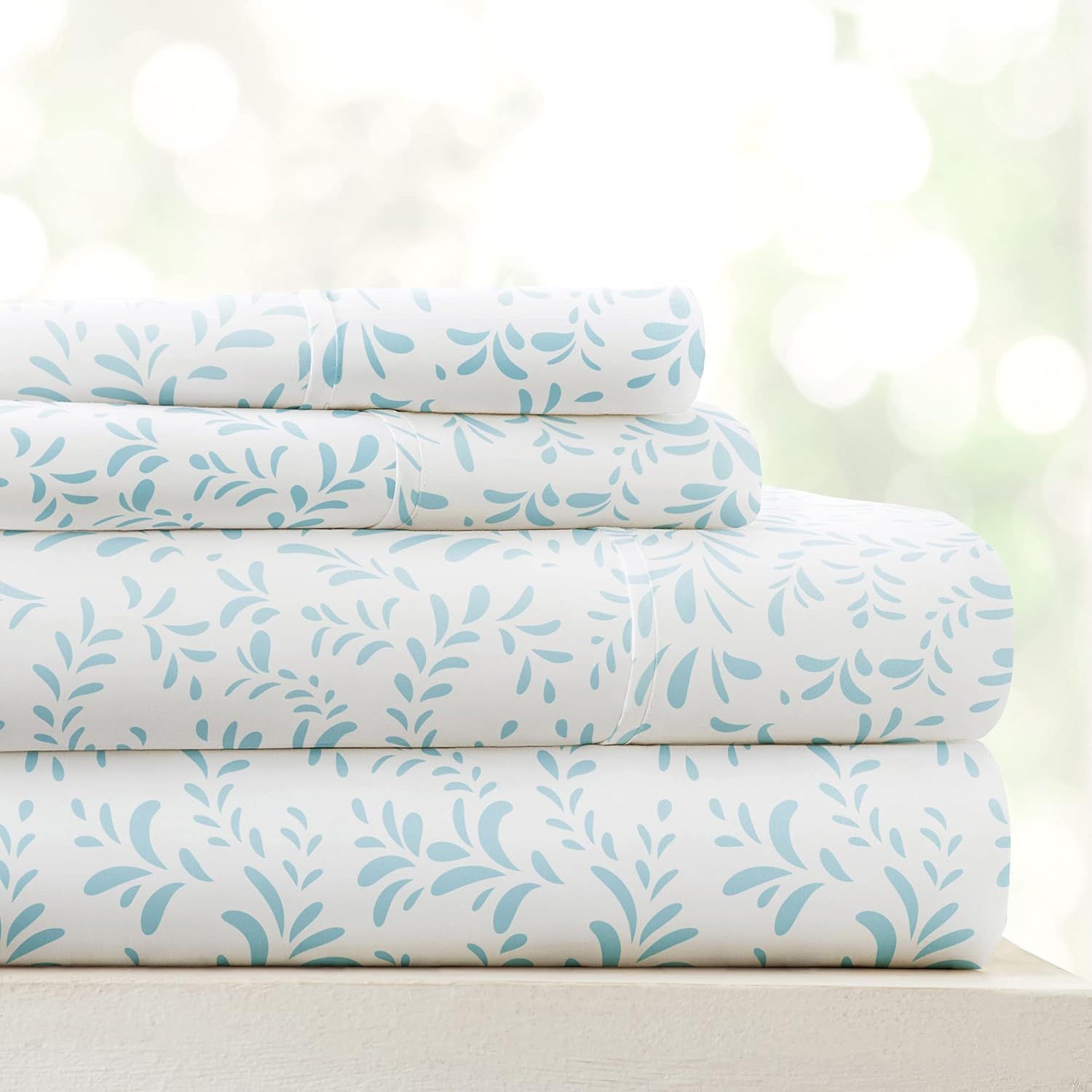 Light Blue Floral Twin Microfiber Deep Pocket Sheet Set