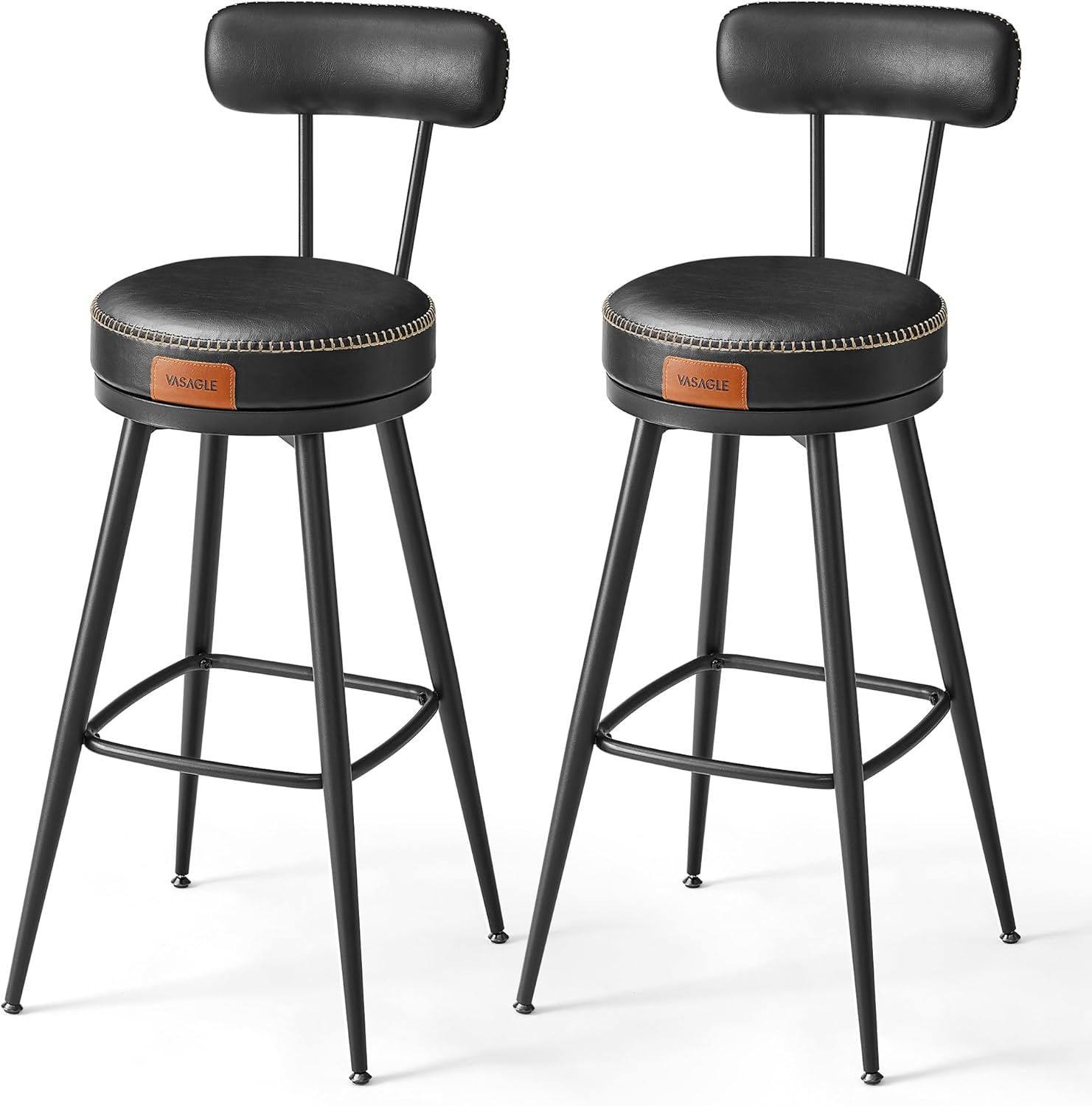 Ink Black Swivel Bar Stools with Backrest, Metal and Leather, Set of 2