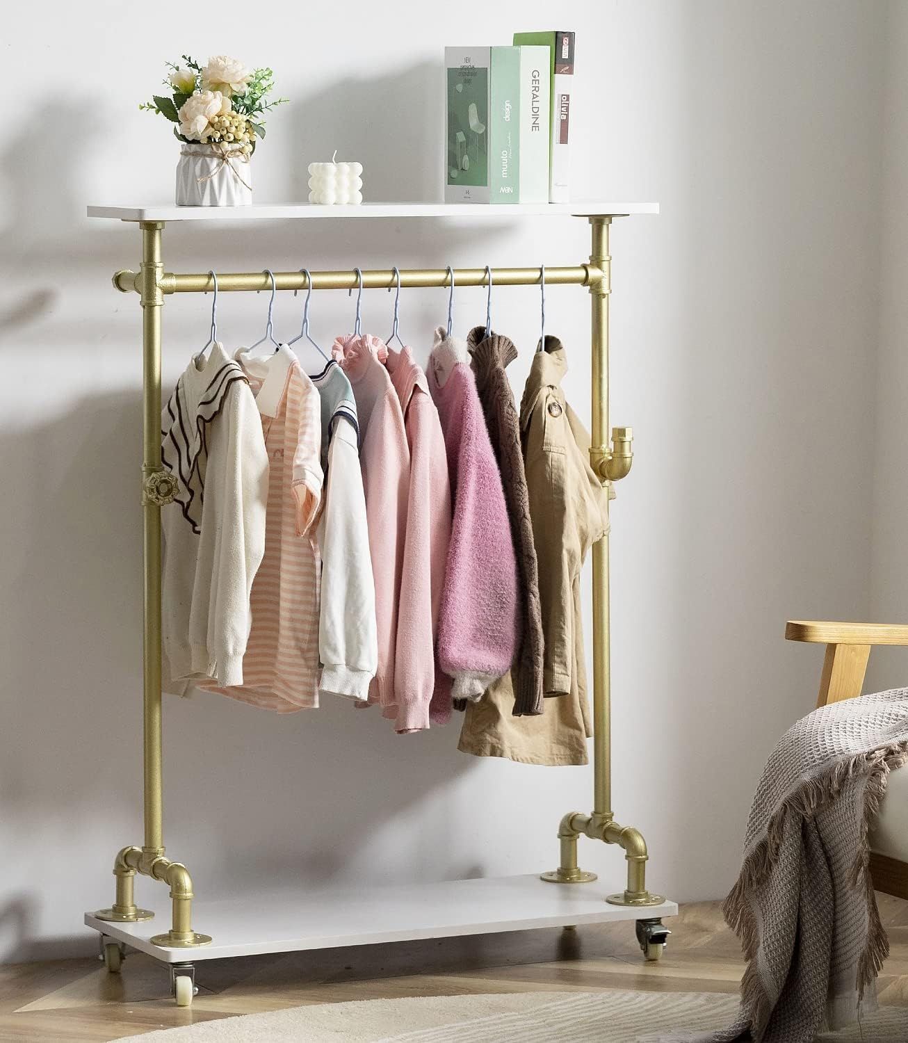 Gold and White Kids Garment Rack with Wood Shelf