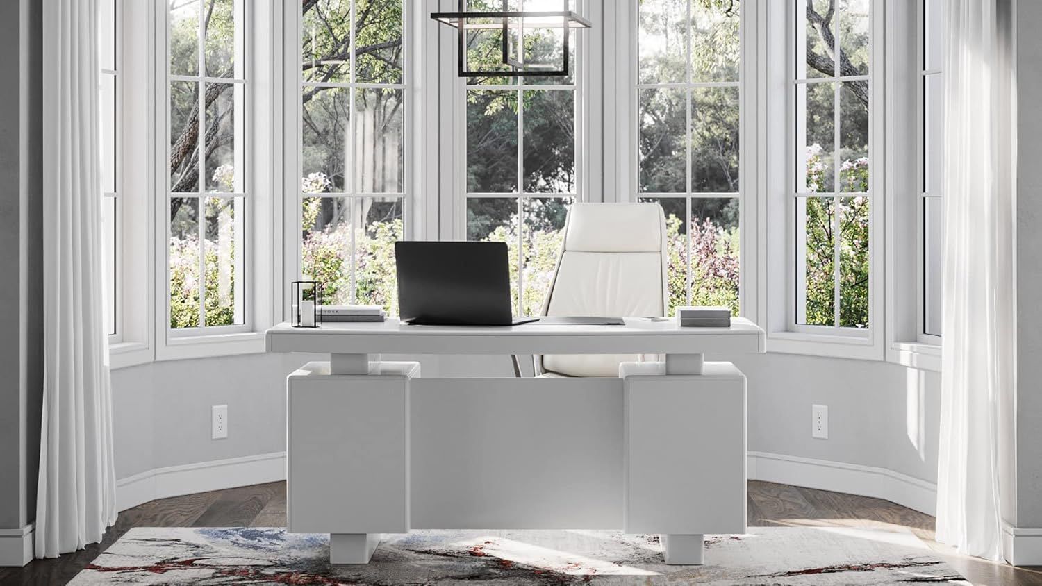 White Lacquer Modern Desk with Black Faux Leather Pad and Storage