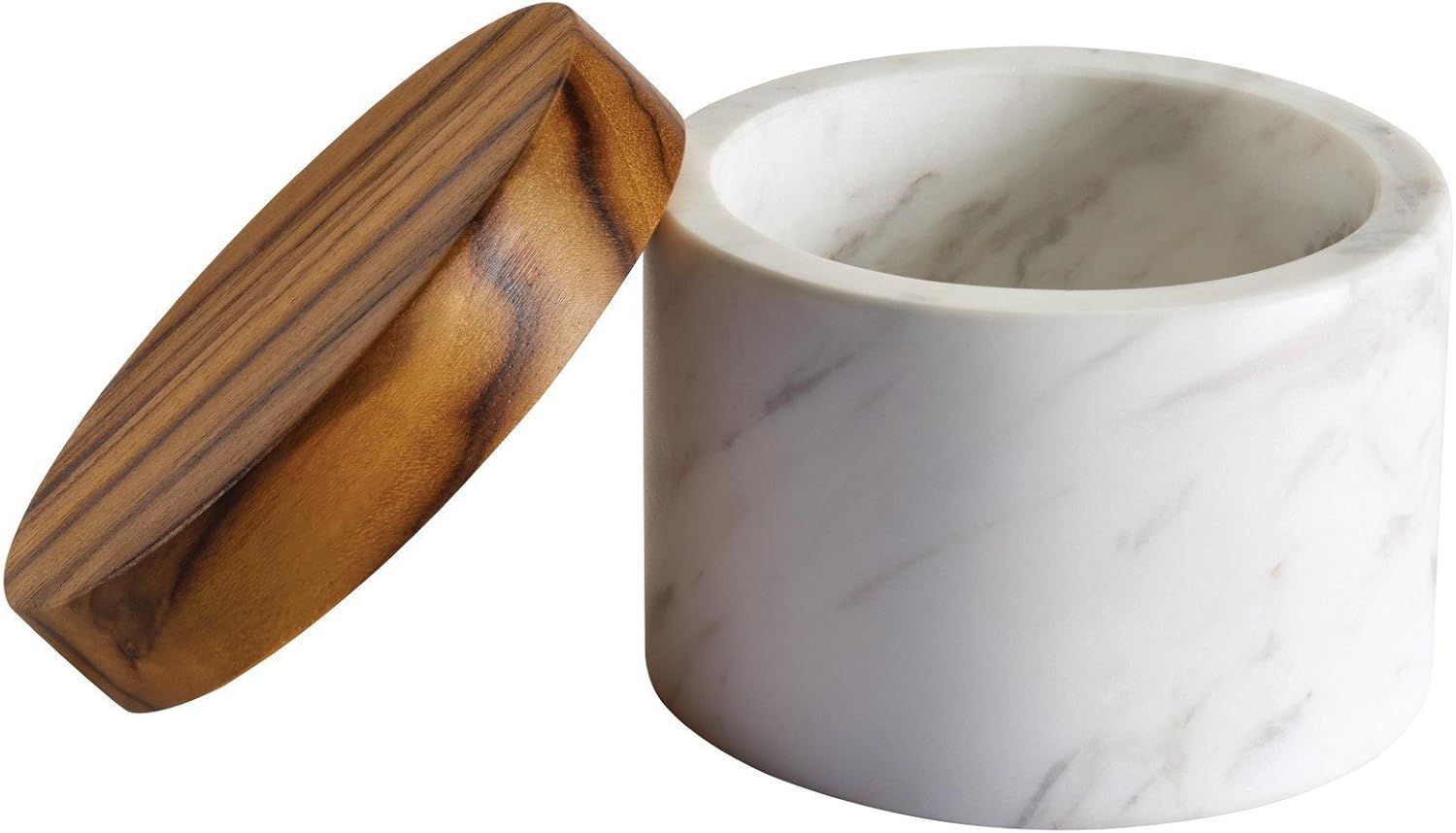 White Marble Salt Cellar with Teak Lid, 5.25 Ounce