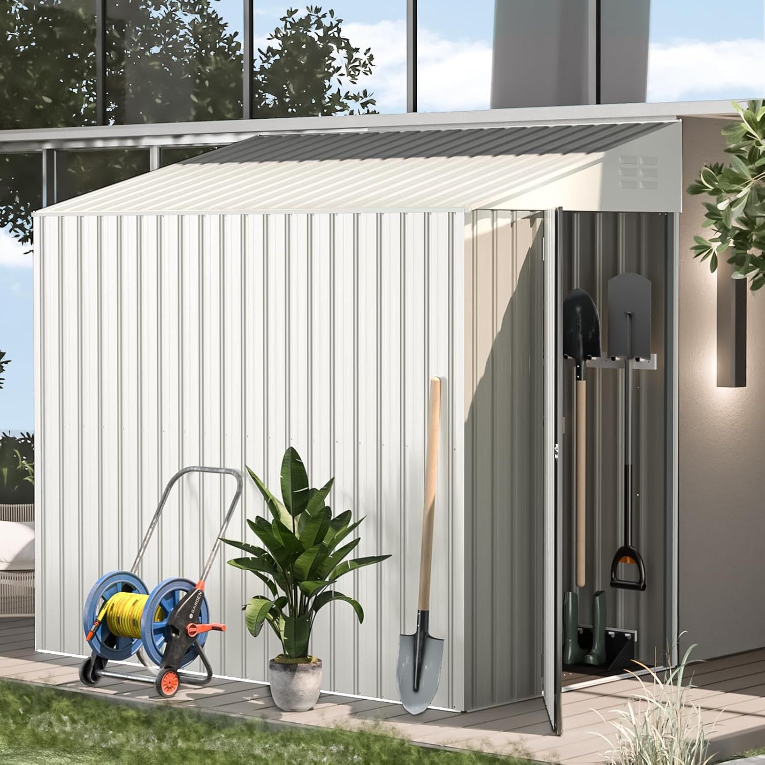 White Metal Lean-to Outdoor Storage Shed with Lockable Door