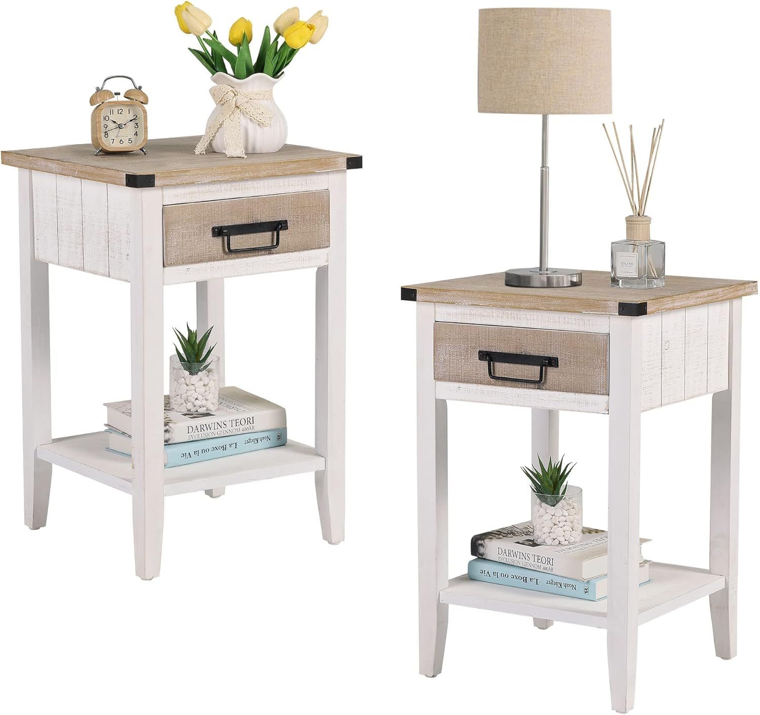 Vintage White Rustic Farmhouse 2-Drawer Bedside Table Set