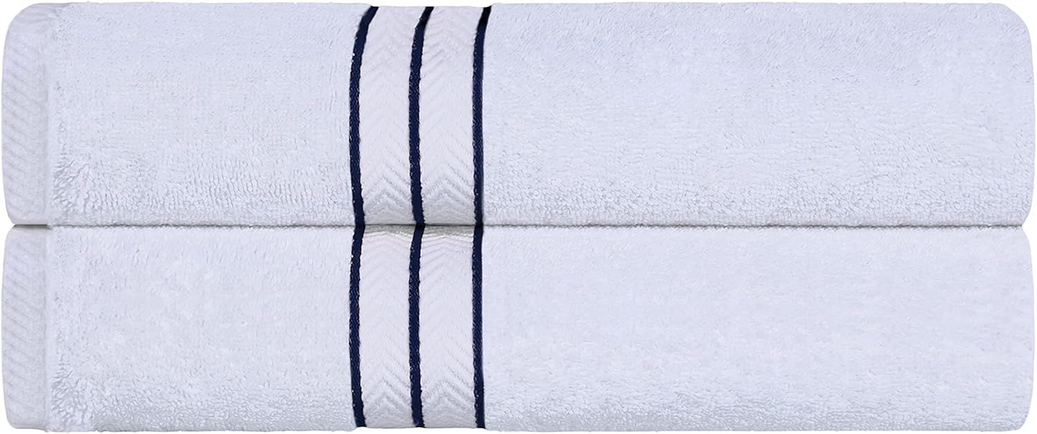 White Turkish Cotton 6-Piece Towel Set with Navy Trim