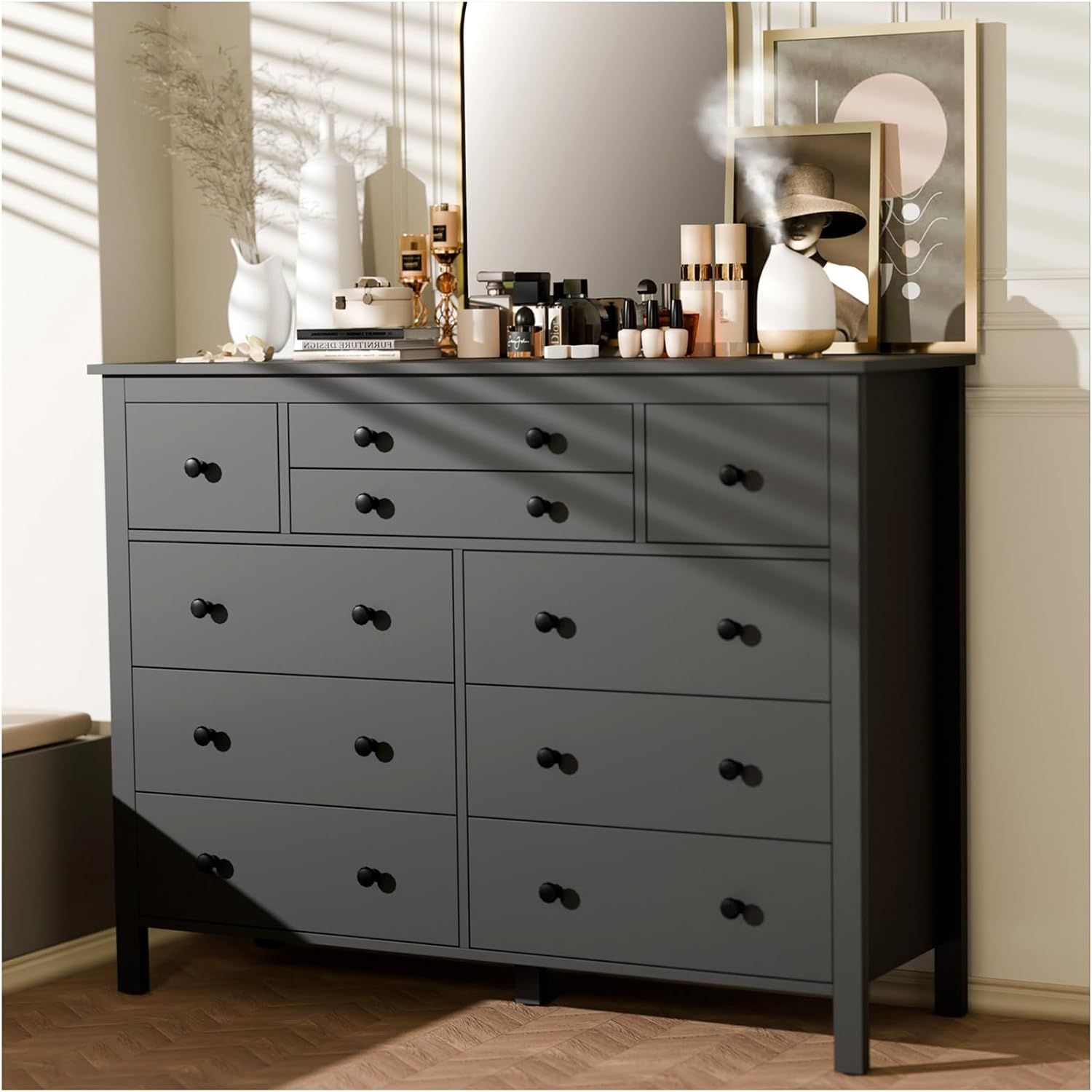 Black Mid-Century Modern 10-Drawer Wooden Dresser