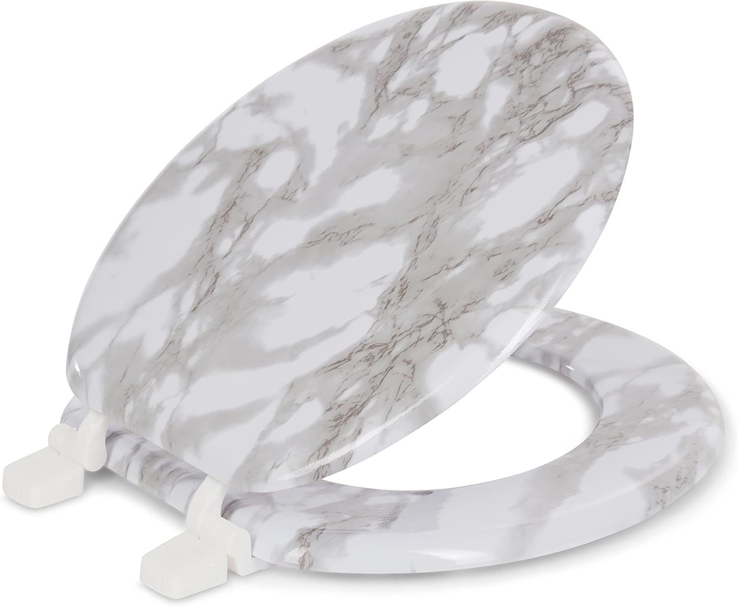 Gray Marble Round Wood Toilet Seat with Easy Clean Hinge