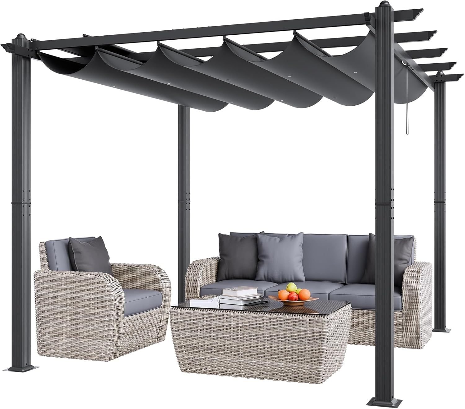 Gray Aluminum Outdoor Pergola with Retractable Canopy