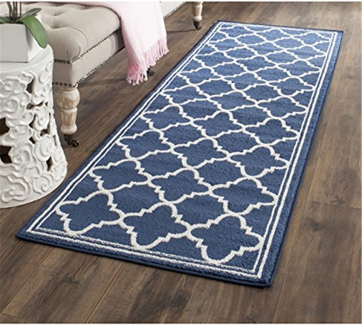 Navy & Beige Geometric Cotton Blend 27"x11" Easy-Care Rug