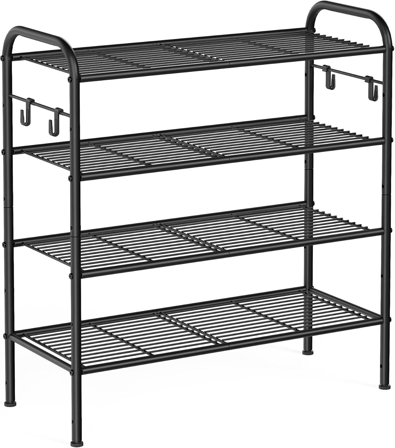 Ink Black 4-Tier Adjustable Metal Shoe Rack with Side Hooks