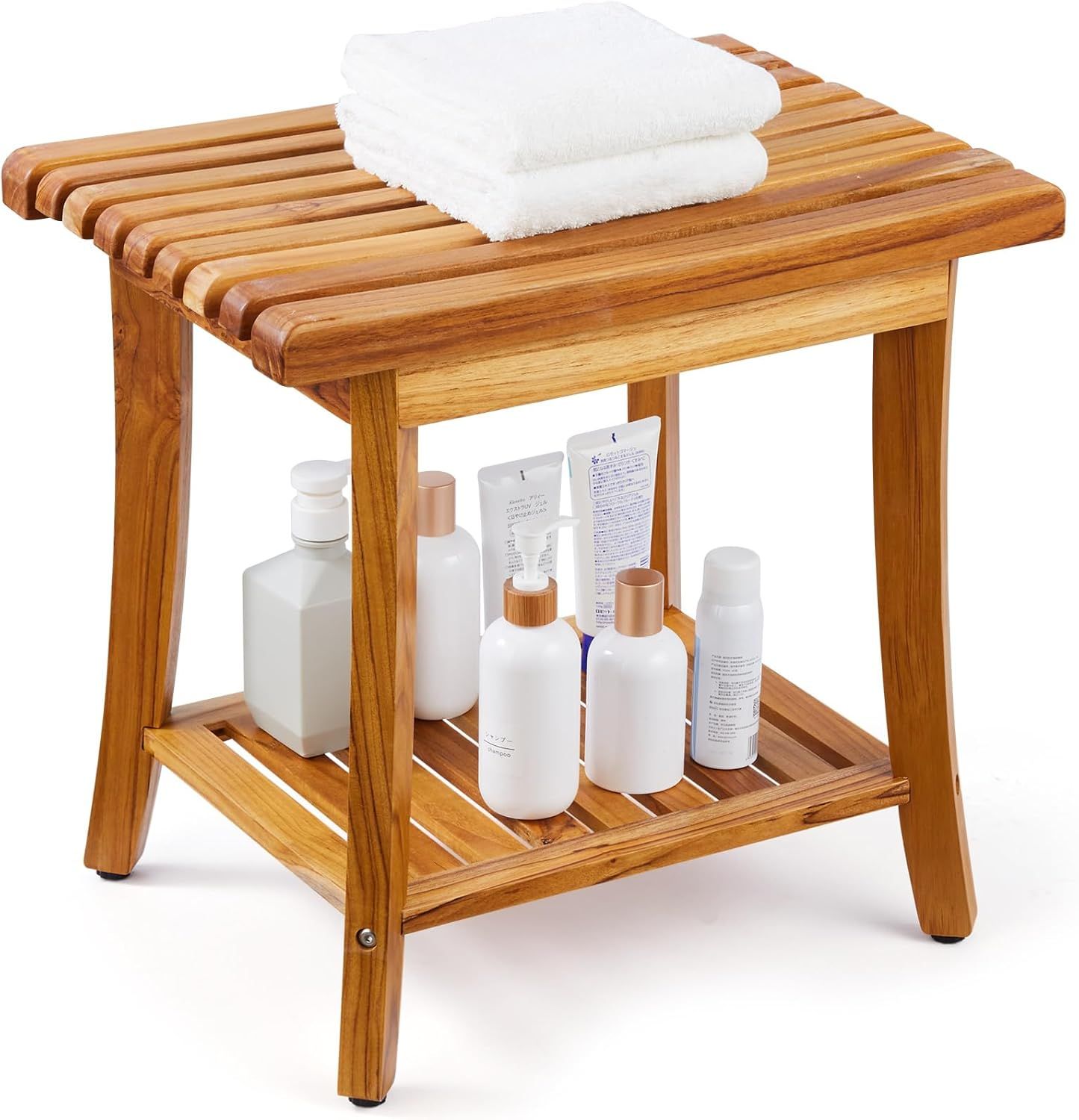 Teak Wood Shower Bench with Storage Shelf and Non-Slip Pads